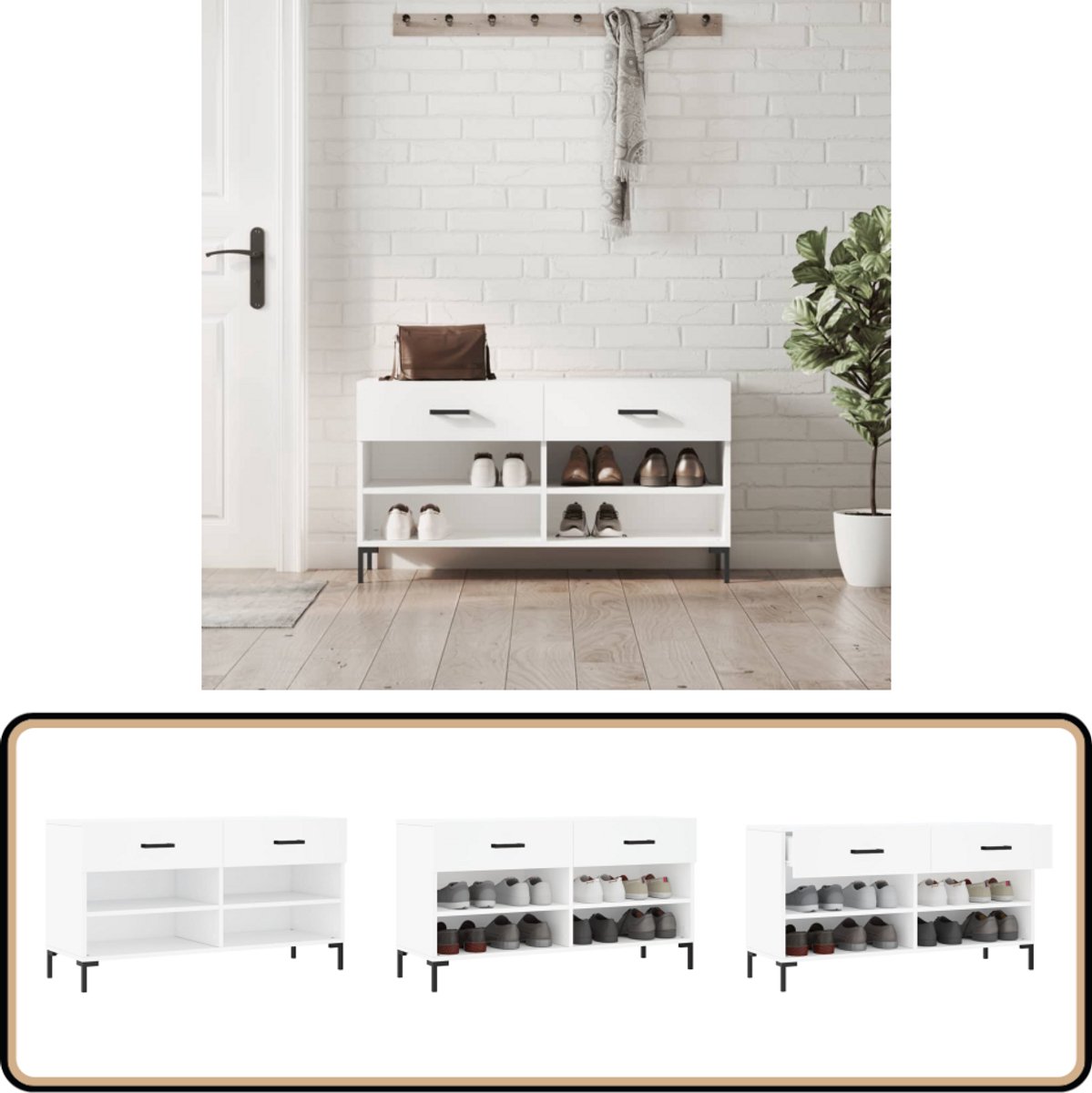 vidaXL Schoenenbank - Wit - 102x35x55 cm - Hout & IJzer Schoenenbank - Schoenuwen Kast - Opbergbank - Houten Bank - Witte Bank (8056477337714)