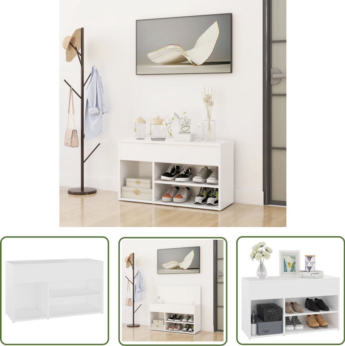 vidaXL Schoenenbank - Wit - 80x30x45 cm Opslag Bank - Schoenen Kast - Wit Meubilair - Houten Bank - Bergruimte (8301359073786)