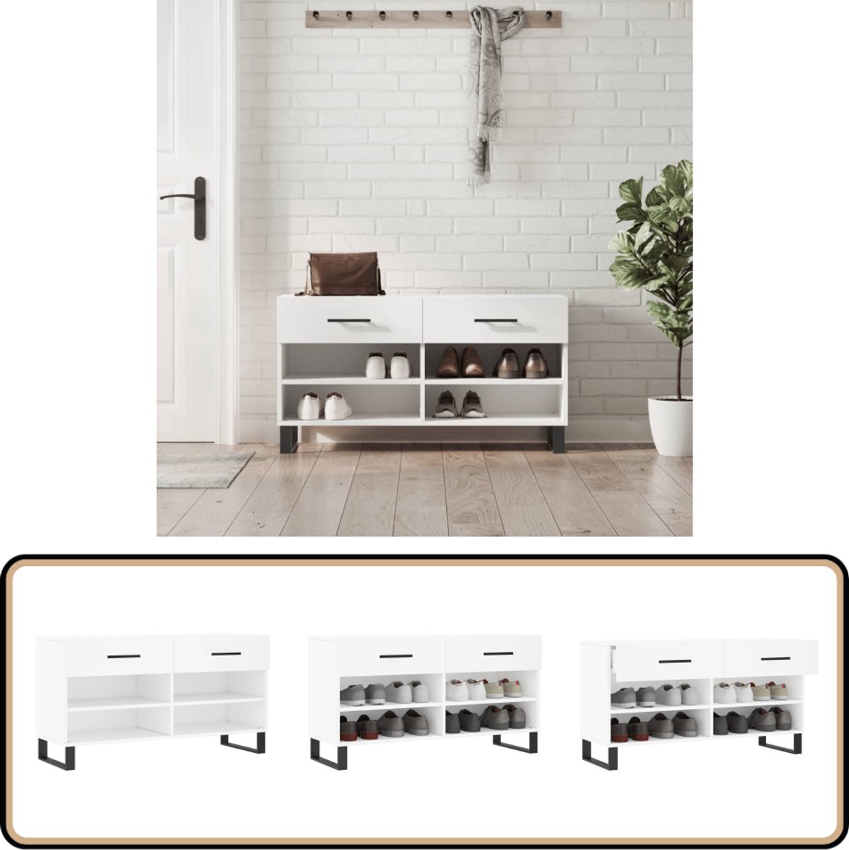 vidaXL Schoenenbank - Wit - Bewerkt Hout - 102x35x55cm Schoenenbank - Industrieel Design - Houten Bank - Stoere Bank - Opbergruimte (8135001882156)