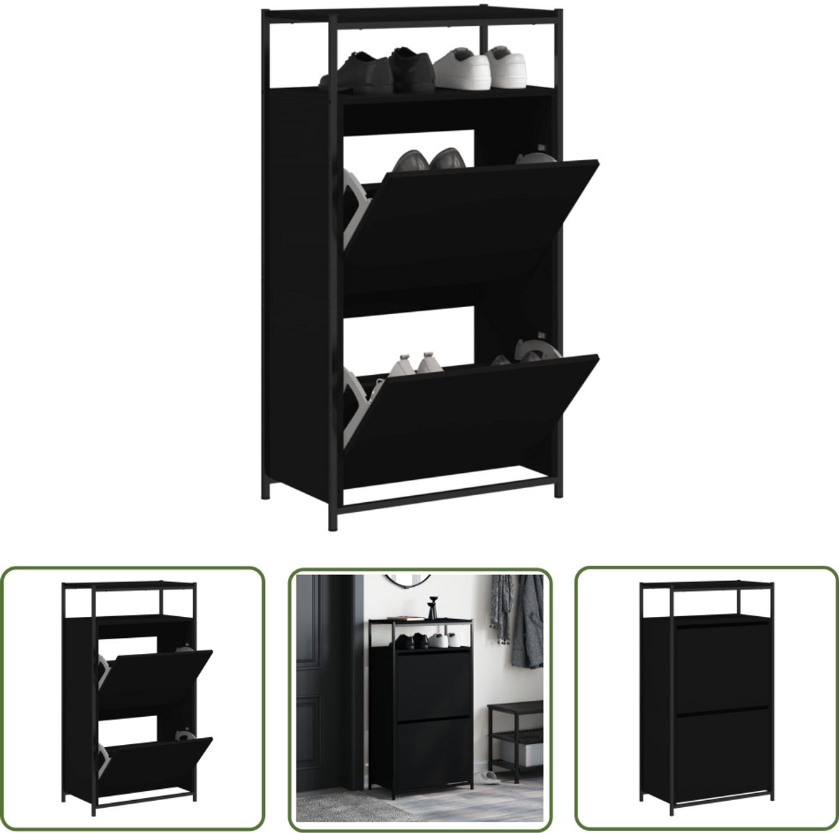 vidaXL Schoenenkast 60x34x112 cm bewerkt hout zwart - Schoenenkast - Compact - Zwarte Schoenenkast - Houten Schoenenkast - Schoenenopbergkast (8721194090289)