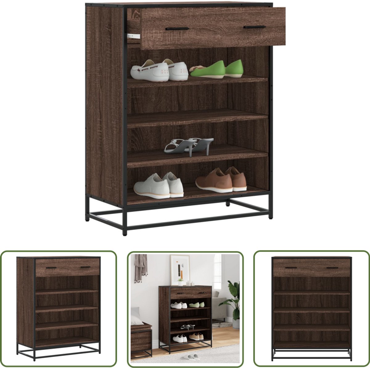 vidaXL Schoenenkast 75x38x97,5 cm bewerkt hout en metaal bruin eiken - Schoenenkast - Bruine Eiken - Houten Schoenenkast - Schoenenopbergers - Entree Kast (8025341008319)