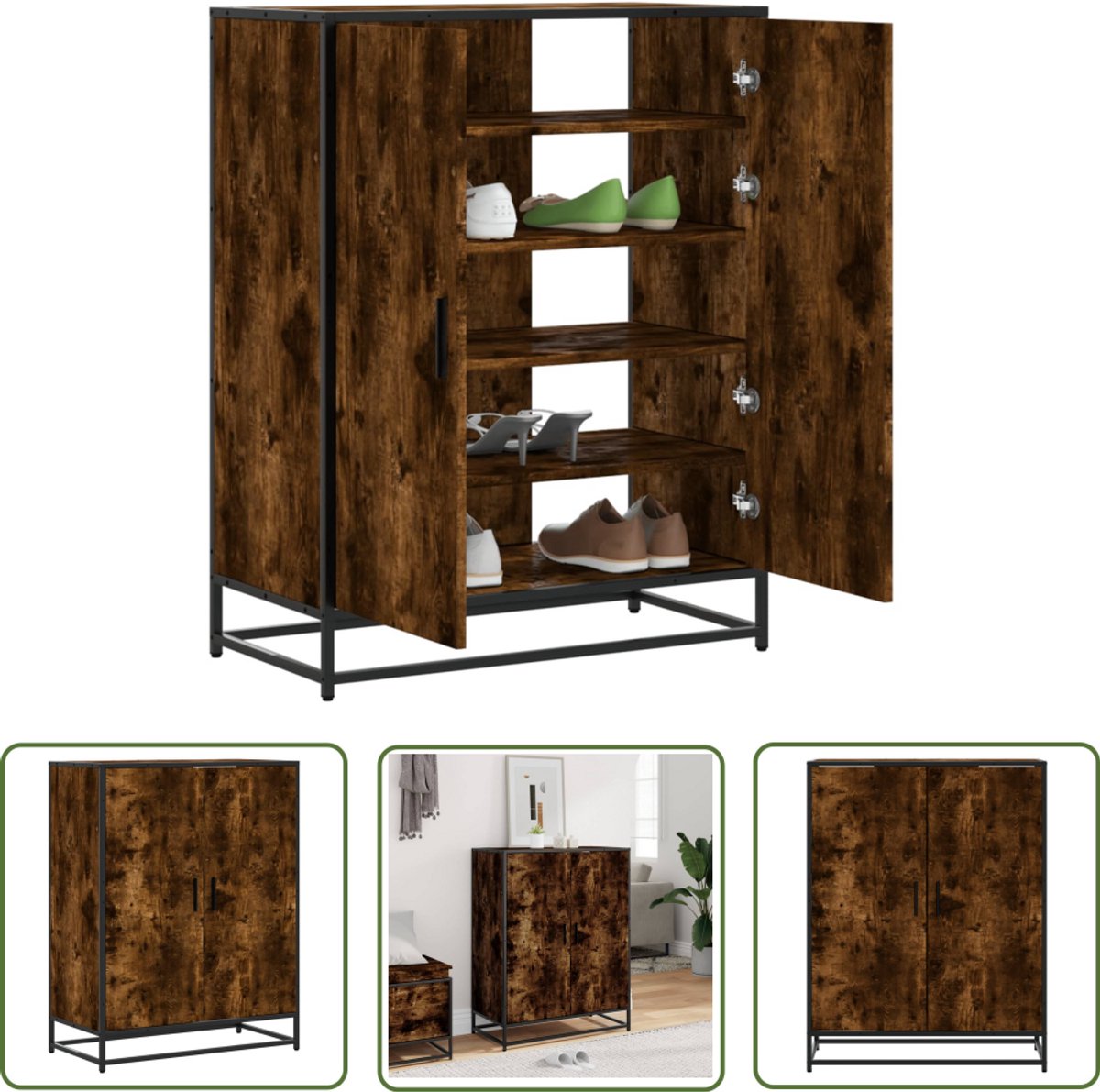 vidaXL Schoenenkast 75x38x97,5 cm bewerkt hout en metaal gerookt eiken - Schoenenkast - Schoenenopbergers - Houten Schoenenkast - Metaalschoenenkast - Bergruimte (8025340416788)