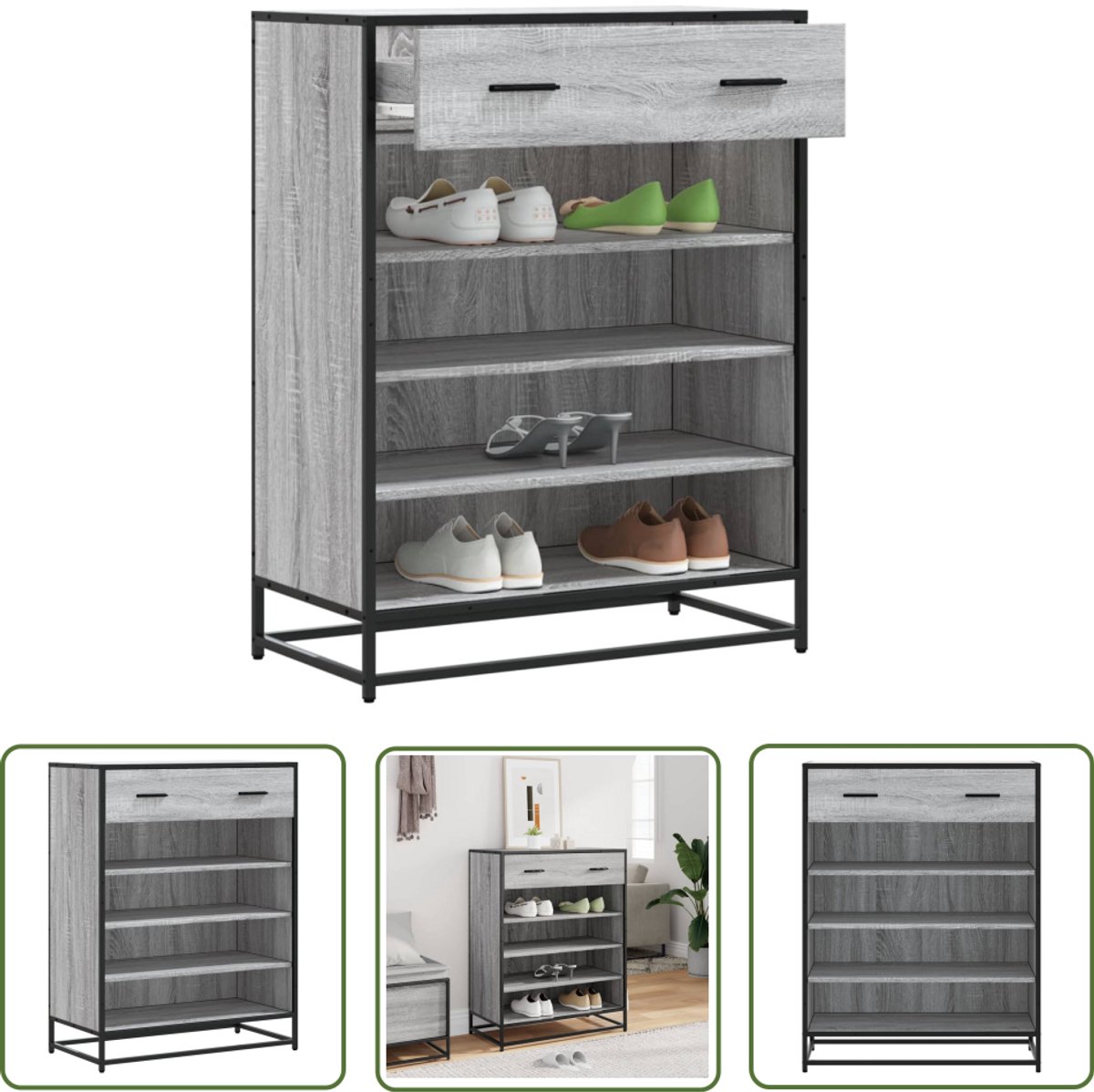 vidaXL Schoenenkast 75x38x97,5 cm bewerkt hout en metaal grijs sonoma - Schoenenkast - Grijze Schoenenkast - Houten Schoenenkast - Schoenenopbergers - Entree Meubel (8025340428460)