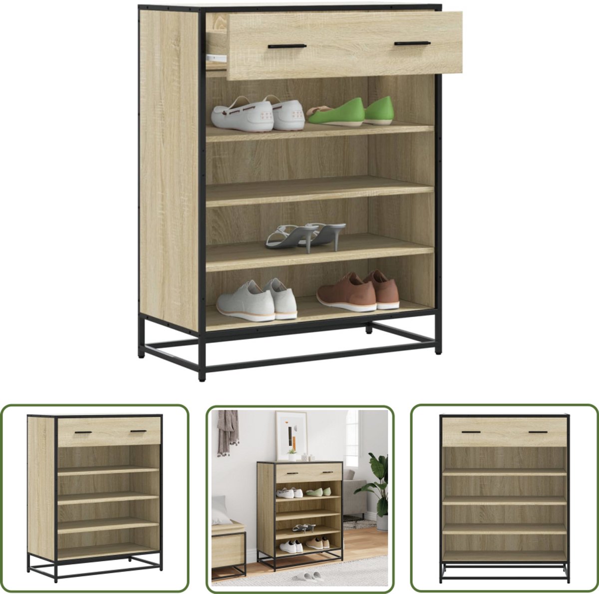 vidaXL Schoenenkast 75x38x97,5 cm bewerkt hout en metaal sonoma eiken - Schoenenkast - Schoenenopbergers - Houten Kast - Metaalkast - Sonomaplank (8019184010318)