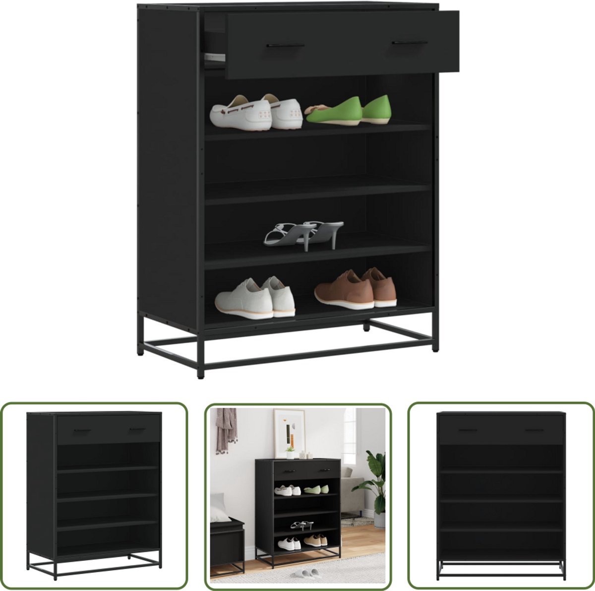 vidaXL Schoenenkast 75x38x97,5 cm bewerkt hout en metaal zwart - Schoenenkast - Houten Schoenenkast - Schoenenopbergers - Entree Organisatie - Garderobe (8030605697246)