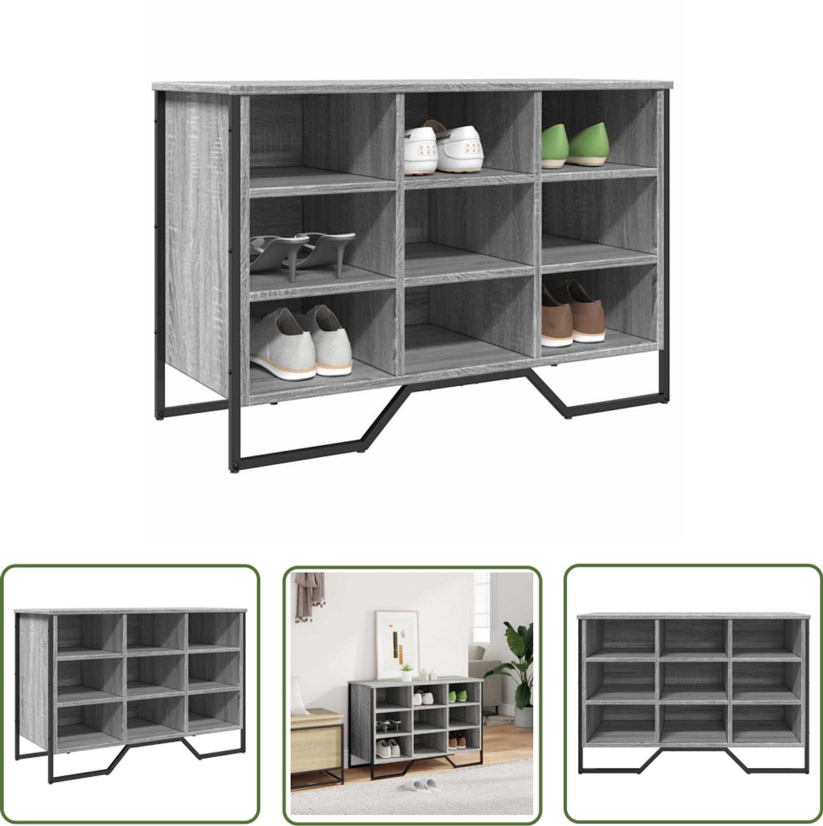 vidaXL Schoenenkast 90x38x61,5 cm bewerkt hout grijs sonoma eikenkleur - Schoenenkast - Grijze Schoenenkast - Schoenenopbergers - Houten Schoenenkast - Compact Schoenenrek (8025340602051)