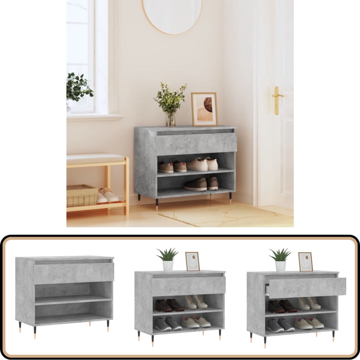 vidaXL Schoenenkast - Bewerkt hout - Betongrijs - 70x36x60 cm Schoenenkast - Schoenen Rek - Schoenuitlegger - Bergruimte - Kastje (8251038089365)