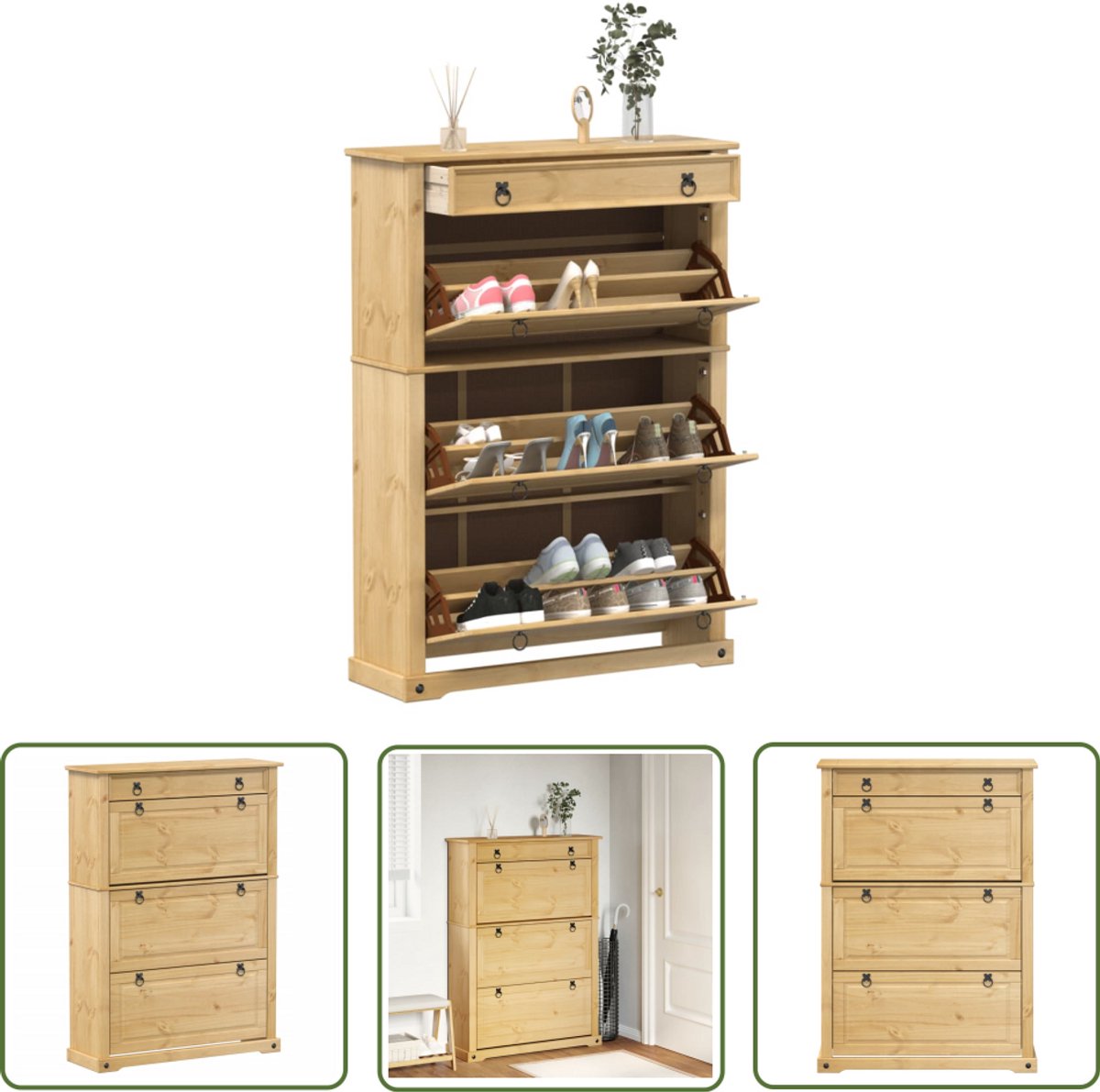 vidaXL Schoenenkast Corona 99x32x138 cm massief grenenhout - Schoenenkast - Grenenhouten Schoenenkast - Vintage Schoenenkast - Rustic Schoenenkast - Opbergkasten (8721194687618)