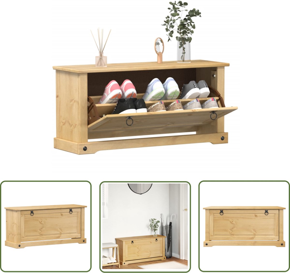 vidaXL Schoenenkast Corona 99x32x47 cm massief grenenhout - Schoenenkast - Grenenhouten Schoenenkast - Vintage Schoenenkast - Schoenenopbergers - Entree Meubilair (8721194630096)