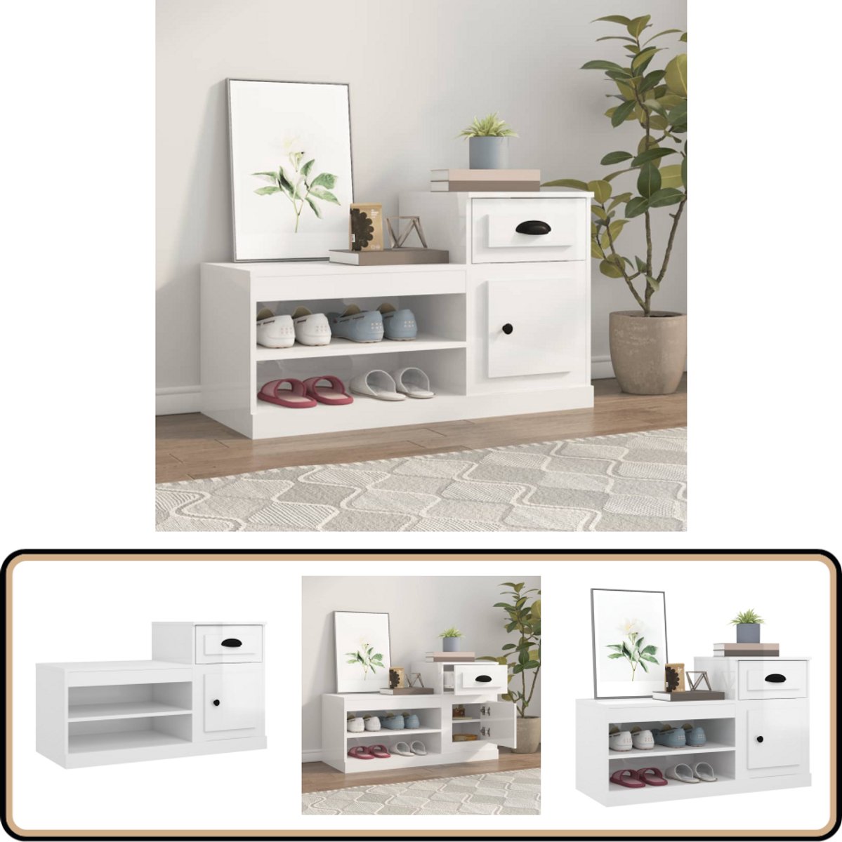 vidaXL Schoenenkast - Hoogglans Wit - 100x42x60 cm Schoenenkast - Schoenuitlegers - Bergruimte - Houten Meubilair - Witte Meubelstukken (8056477275078)