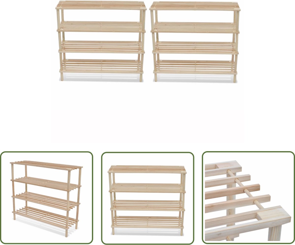 vidaXL Schoenenkast - Houten Schoenenrek - Schoenenrekken met 4 schappen 2 st massief vurenhout - Schoenuitlegers - Entree Meubilair - Bergruimte (8721031230465)