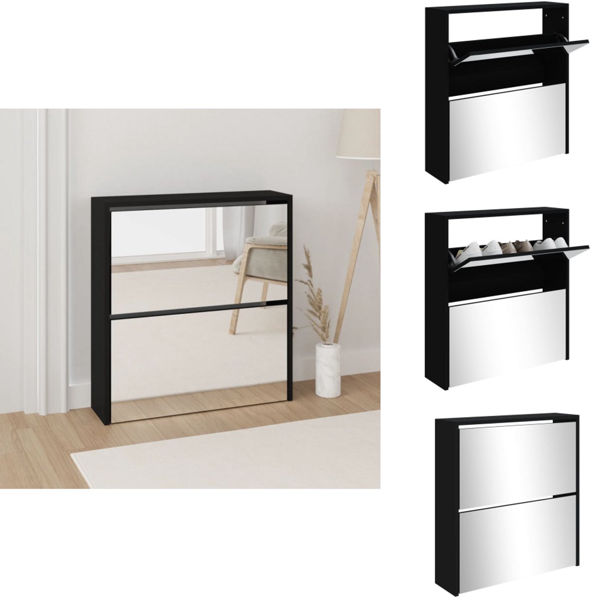 vidaXL Schoenenkast - Schoenenkasten - Berging Voor Schoenen - Schoenenrek - Schoenenkast met spiegel 2-laags 63x17x67 cm zwart (8721096954610)
