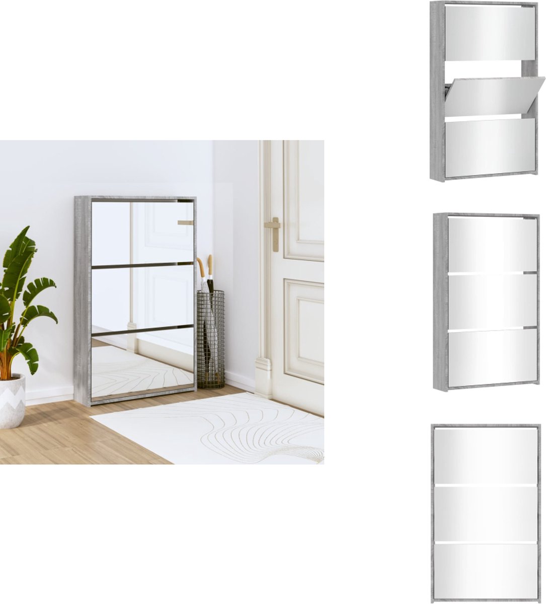 vidaXL Schoenenkast - Schoenenkasten - Berging Voor Schoenen - Schoenenrek - Schoenenkast met spiegel 3-laags 63x17x102,5 cm grijs sonoma (8721096907890)