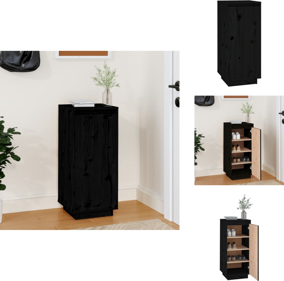 vidaXL Schoenenkast - Schoenenkasten - Houten Schoenenkast - Halkast - Schoenenkast 35x35x80 cm massief grenenhout zwart (8721096753176)