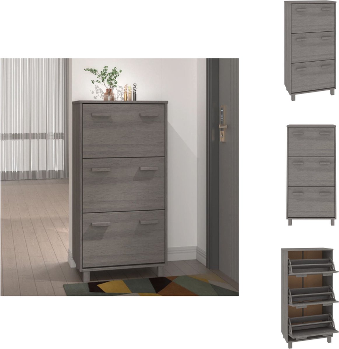 vidaXL Schoenenkast - Schoenenkasten - Houten Schoenenkast - Schoenen Kast - Schoenenkast HAMAR 59,5x35x117 cm massief grenenhout lichtgrijs (8721096718625)