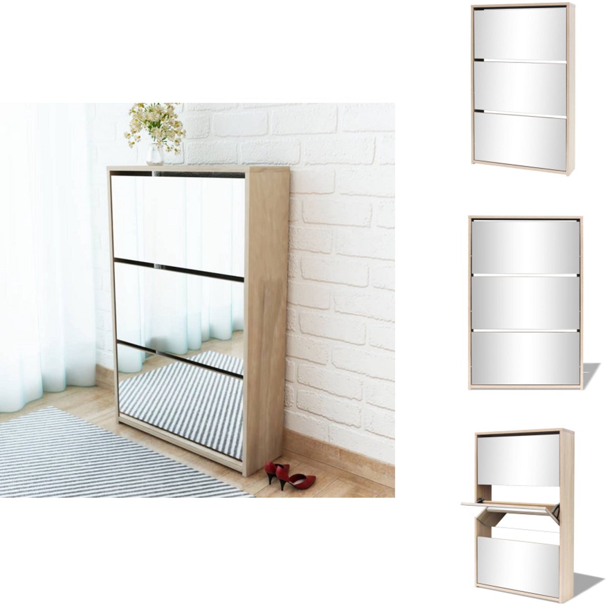 vidaXL Schoenenkast - Schoenenkasten - Schoenen Kast - Schoenen Kasten - Schoenenkast drielaags met spiegel 63x17x102,5 cm eiken (8721032942107)