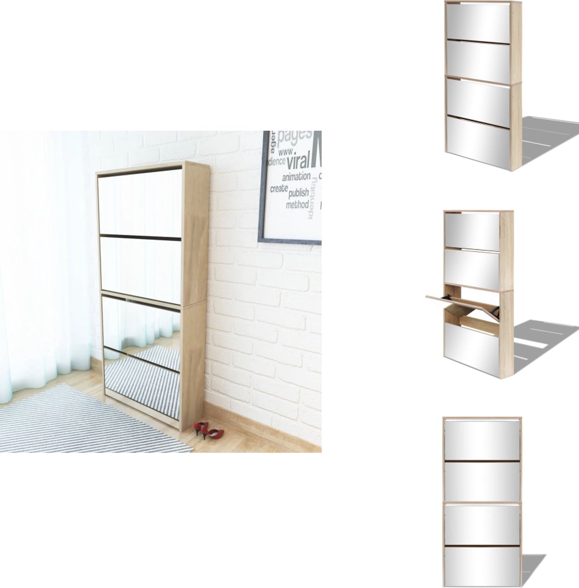 vidaXL Schoenenkast - Schoenenkasten - Schoenen Kast - Schoenen Kasten - Schoenenkast met 4 spiegels 63x17x134 cm eikenhout (8721032942152)