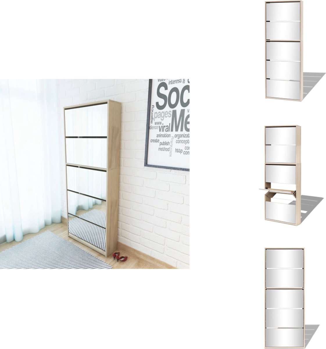 vidaXL Schoenenkast - Schoenenkasten - Schoenen Kast - Schoenen Kasten - Schoenenkast met 5 spiegels 63x17x169,5 cm eikenhout (8721032942145)