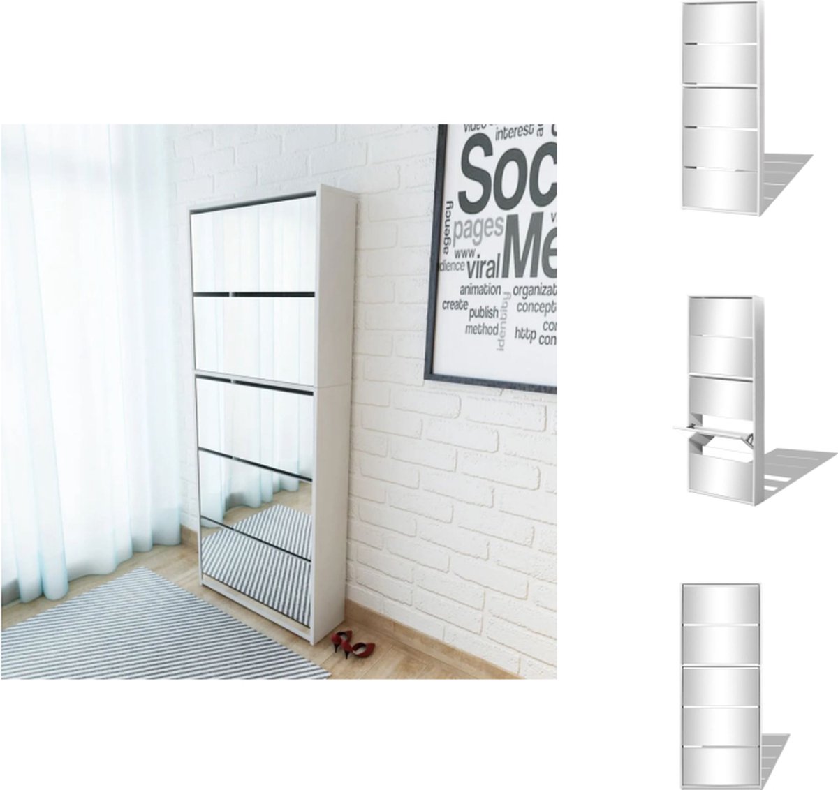 vidaXL Schoenenkast - Schoenenkasten - Schoenen Kast - Schoenen Kasten - Schoenenkast met 5 spiegels 63x17x169,5 cm wit (8721032944255)
