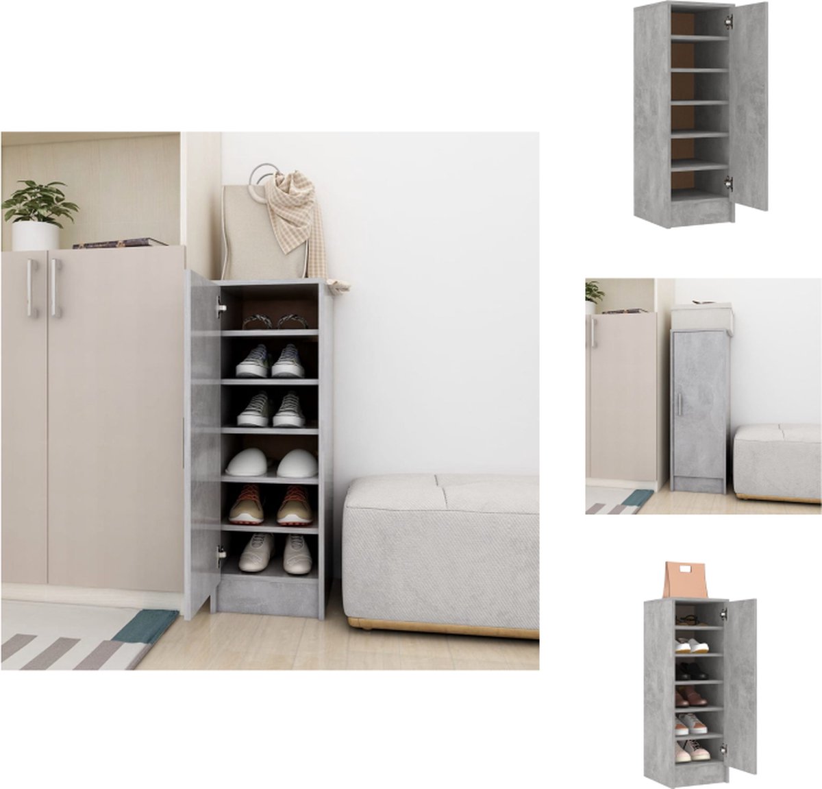 vidaXL Schoenenkast - Schoenenkasten - Schoenenopbergers - Schoenenopbergers - Schoenenkast 32x35x92 cm bewerkt hout betongrijs (8721096729362)