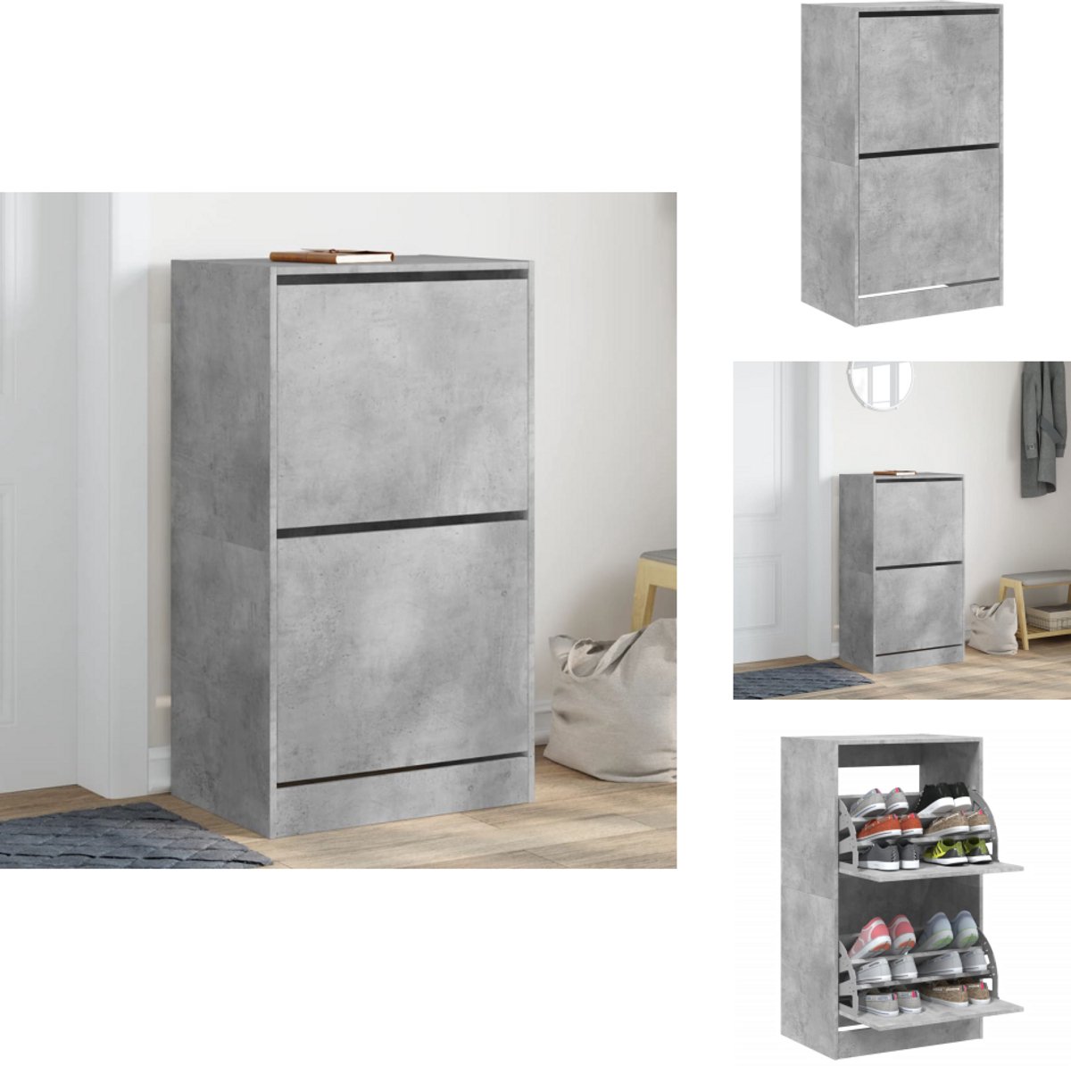 vidaXL Schoenenkast - Schoenenkasten - Schoenenrek - Schoenen Kast - Schoenenkast met 2 klaplades 60x42x108 cm betongrijs (8106253191761)