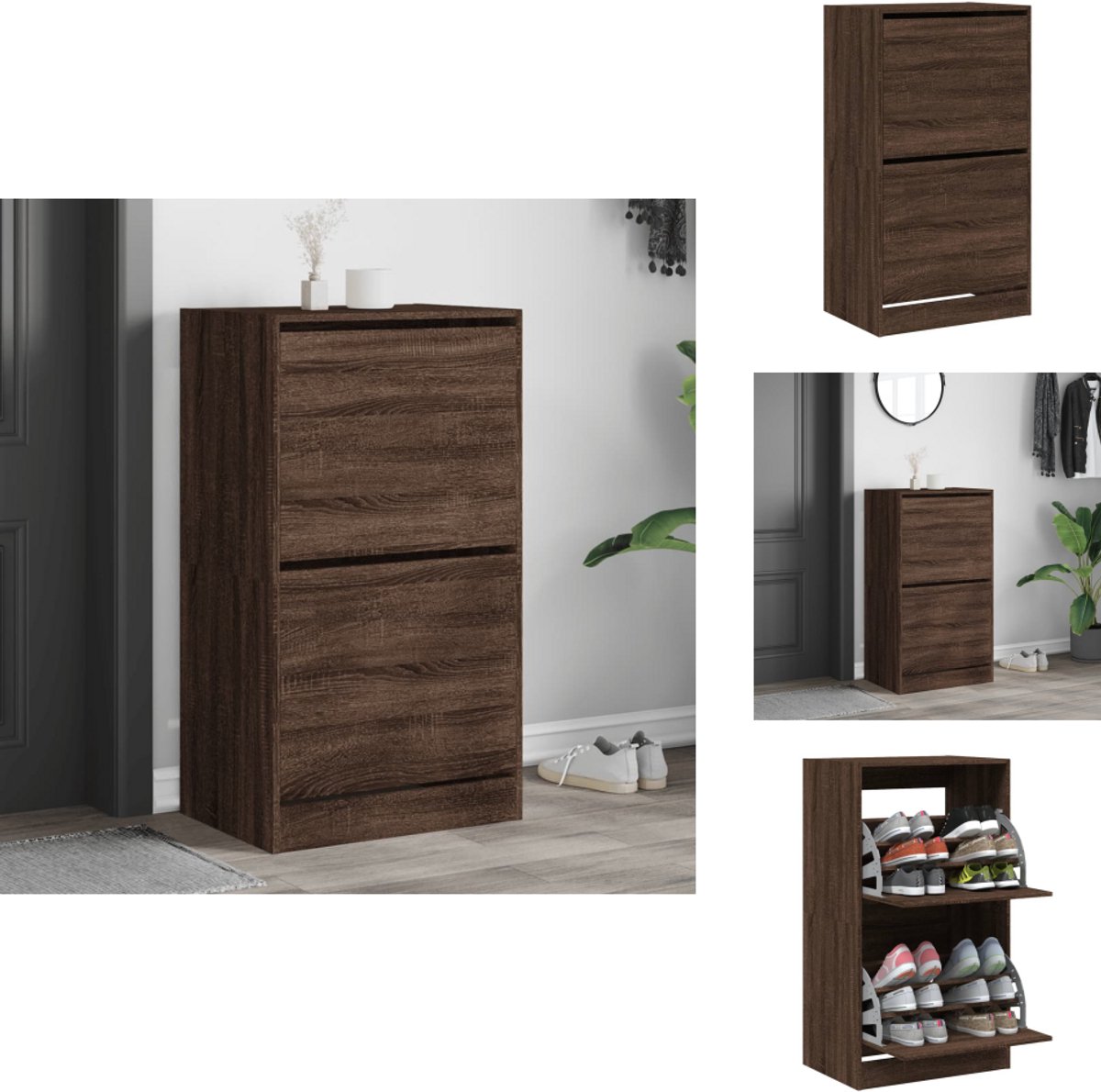 vidaXL Schoenenkast - Schoenenkasten - Schoenenrek - Schoenen Kast - Schoenenkast met 2 klaplades 60x42x108 cm bruin eikenkleur (8099232112690)