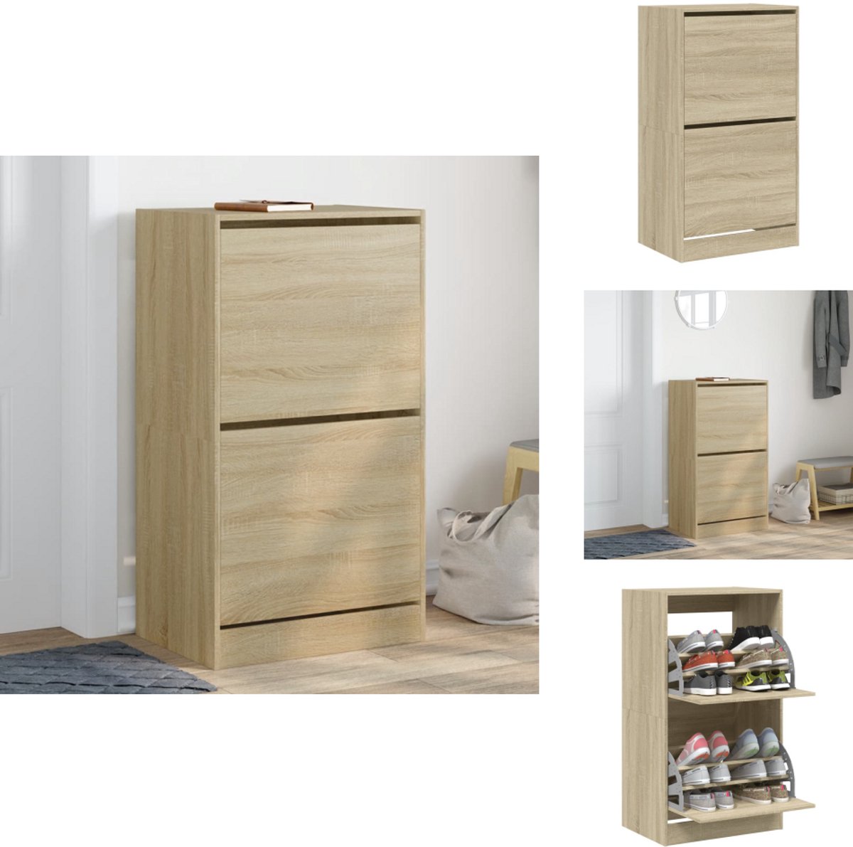 vidaXL Schoenenkast - Schoenenkasten - Schoenenrek - Schoenen Kast - Schoenenkast met 2 klaplades 60x42x108 cm sonoma eikenkleurig (8099232109003)