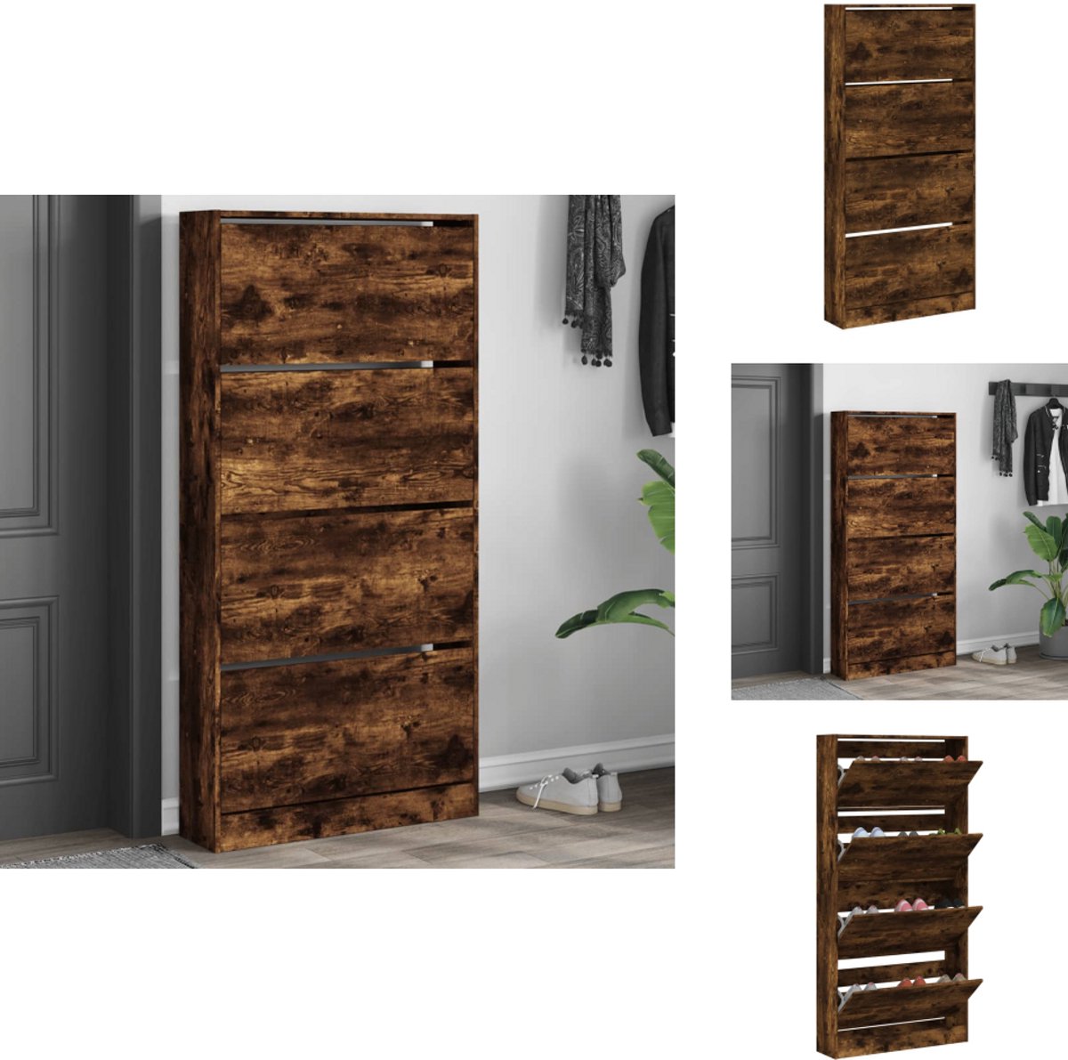 vidaXL Schoenenkast - Schoenenkasten - Schoenenrek - Schoenen Kast - Schoenenkast met 4 klaplades 80x21x163,5 cm gerookt eikenkleur (8065716412594)