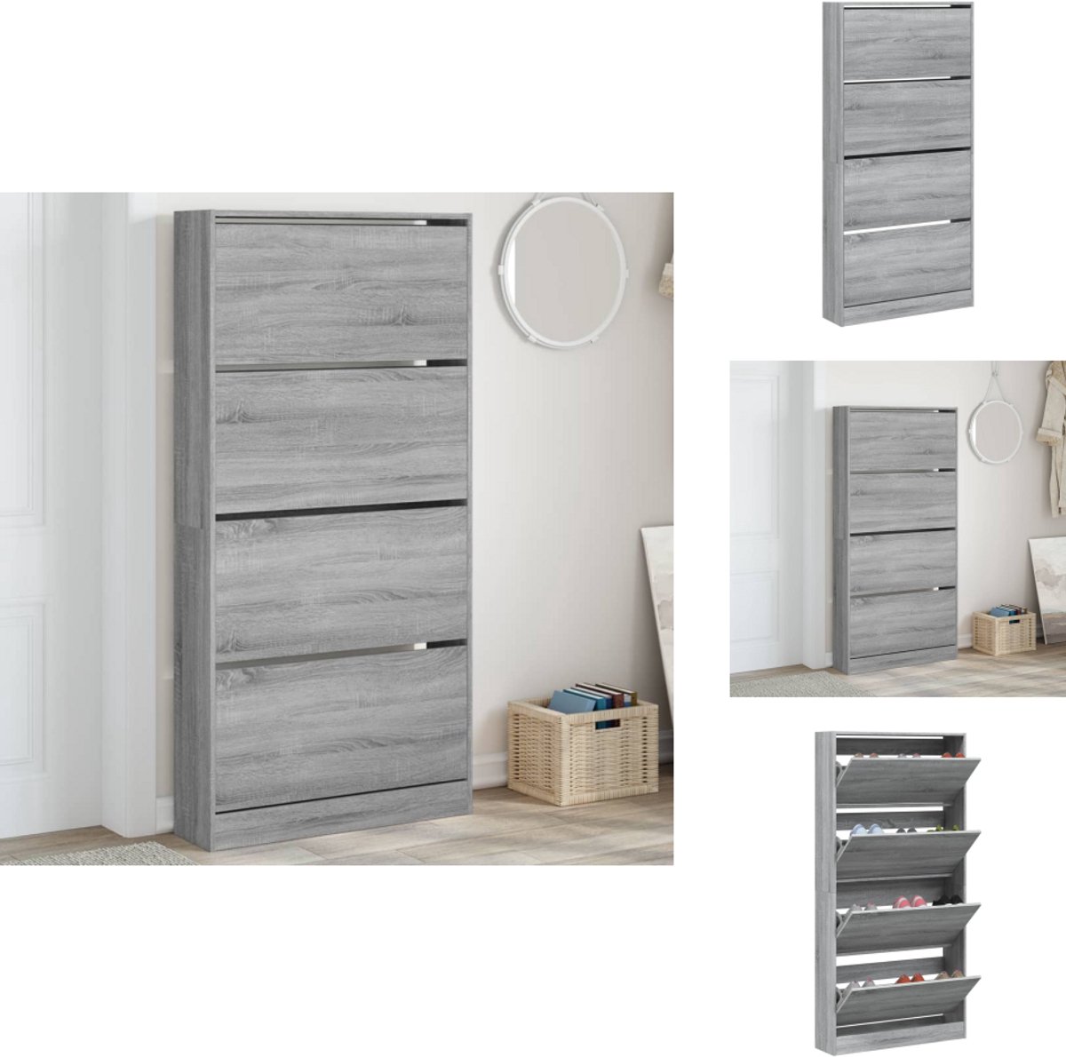 vidaXL Schoenenkast - Schoenenkasten - Schoenenrek - Schoenen Kast - Schoenenkast met 4 klaplades 80x21x163,5 cm grijs sonoma (8106253194328)