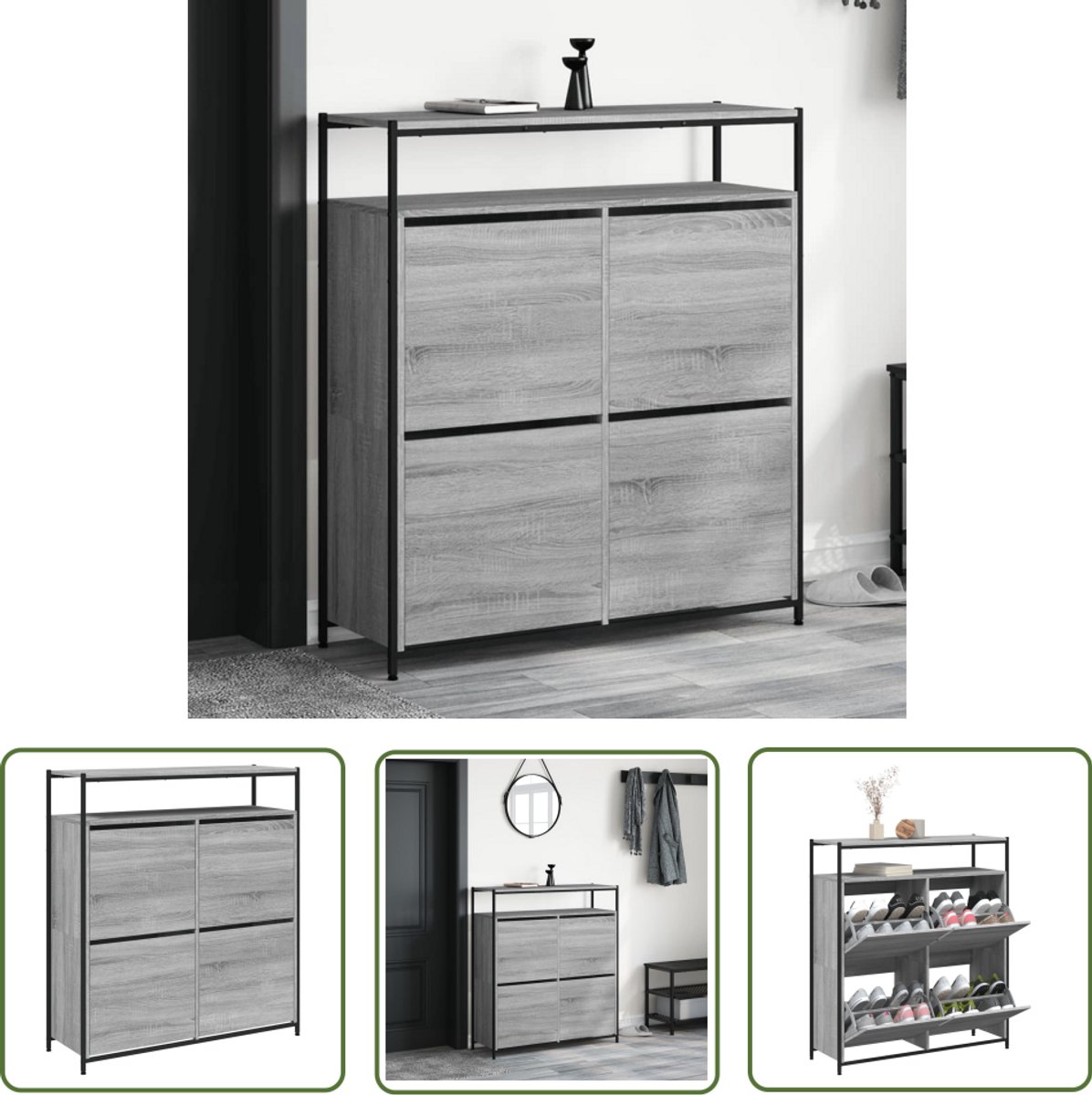 vidaXL Schoenenkast met 4 klaplades 100x34x112 cm grijs sonoma eiken - Schoenenkast - Grijze Schoenenkast - Houten Schoenenkast - Bewerkthout - Opslagkasten (8721194244989)