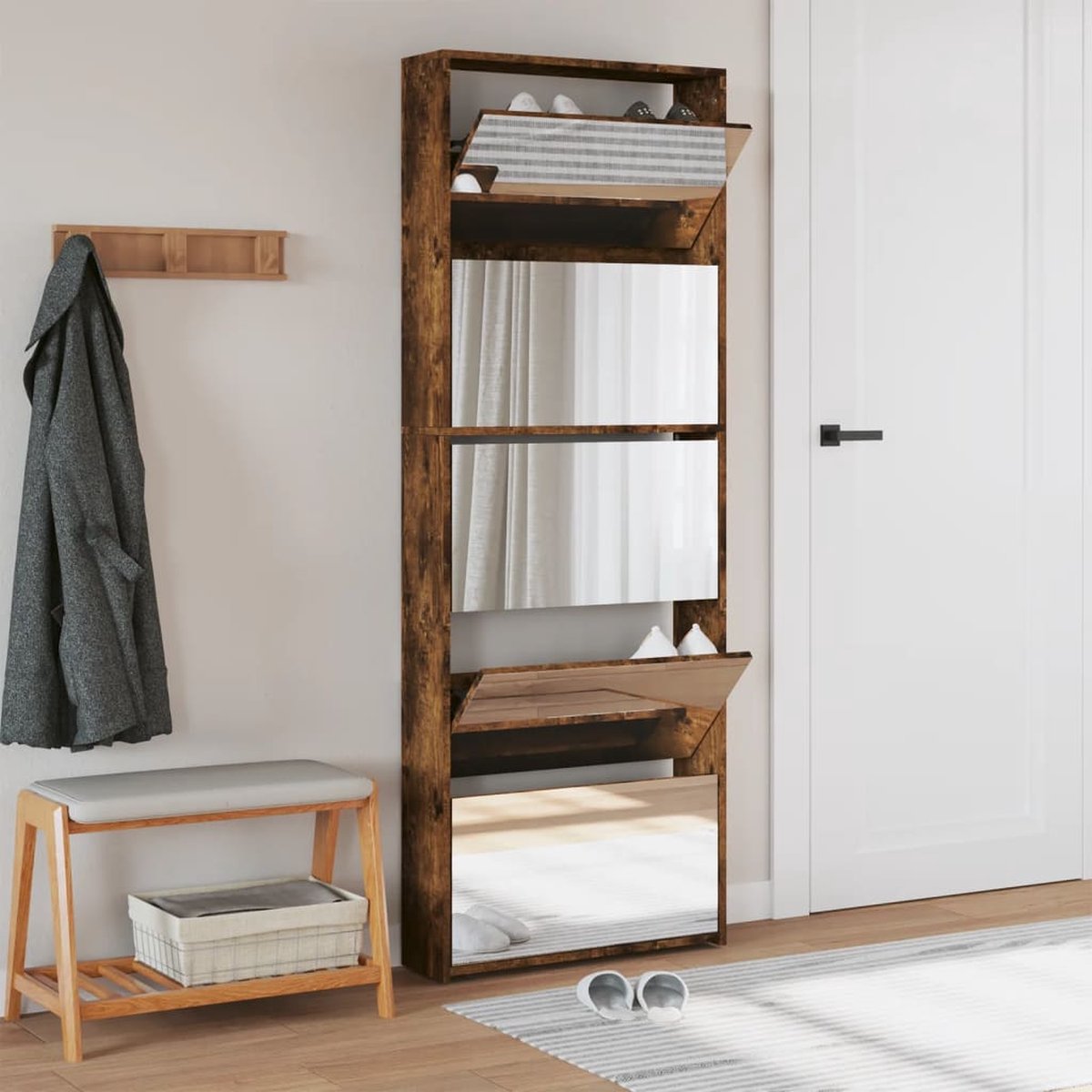 vidaXL Schoenenkast met spiegel 5-laags 63x17x169,5 cm gerookt eiken (8721012989238)