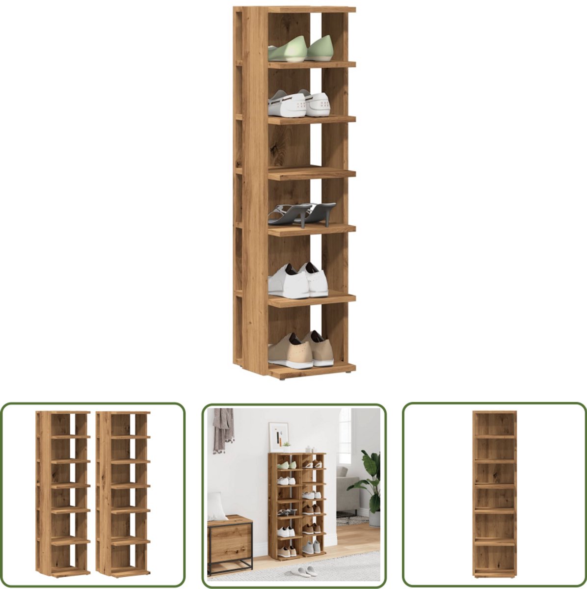 vidaXL Schoenenkasten 2 st 28x27x102 cm bewerkt hout artisanaal eiken - Schoenenkast - Houten Schoenenkast - Eiken Schoenenkast - Opbergkast - Schoenuitlegger (8010591952246)