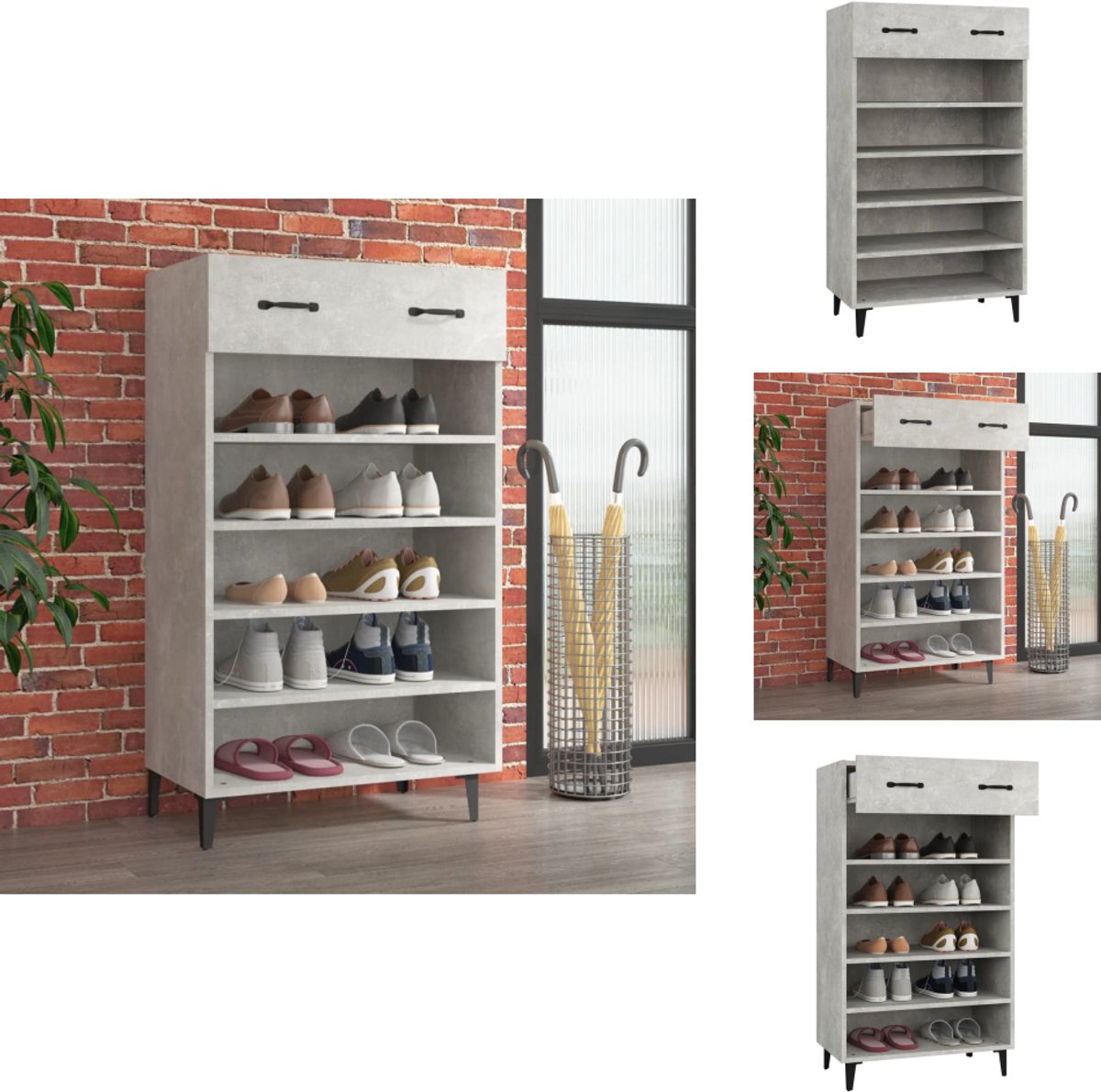 vidaXL Schoenenrek - Schoenenrekken - Opbergrek Voor Schoenen - Schoenenstellage - Schoenenkast 60x35x105 cm bewerkt hout betongrijs (8721096882111)