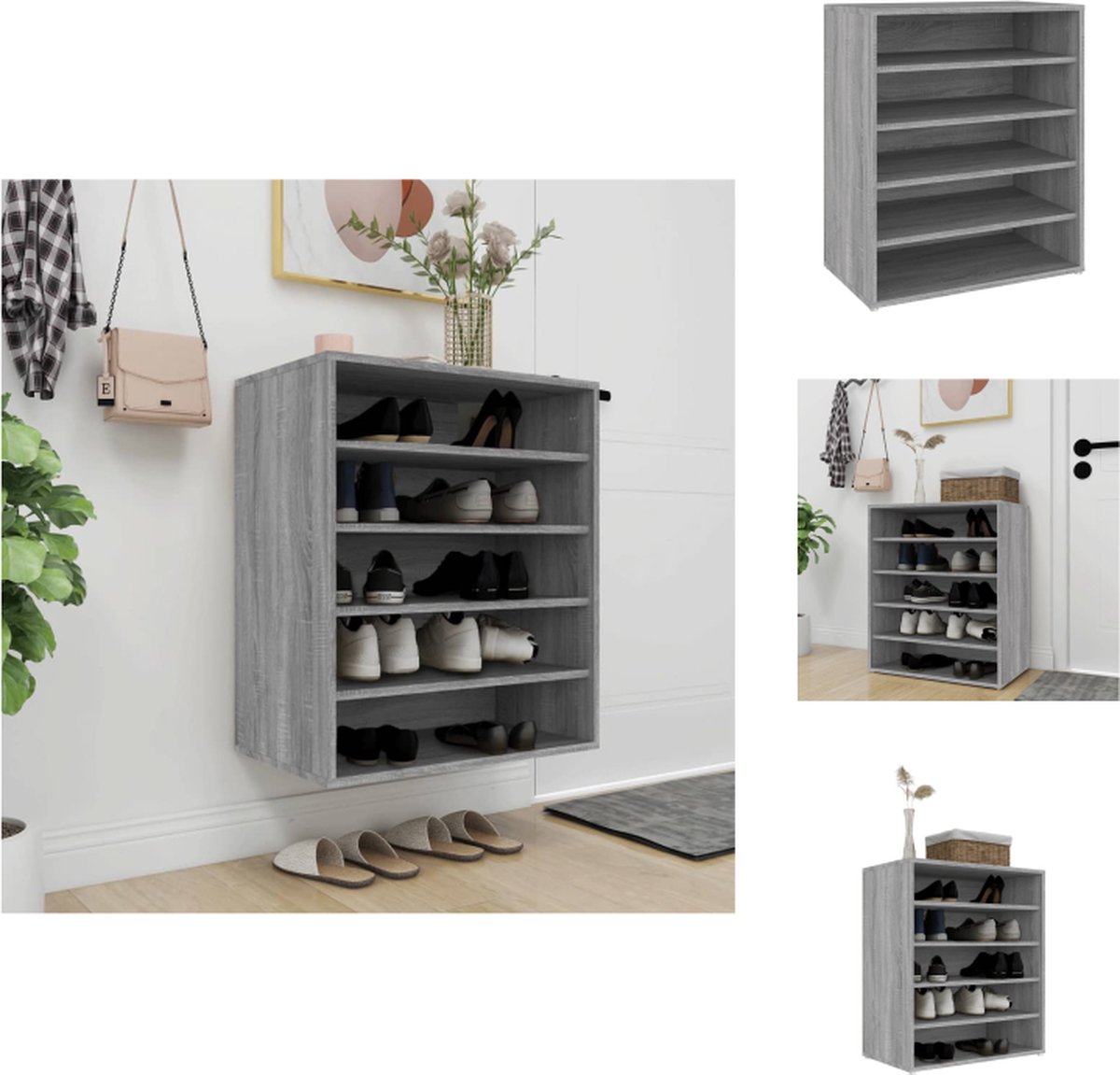 vidaXL Schoenenrek - Schoenenrekken - Opbergrek Voor Schoenen - Schoenenstellage - Schoenenkast 60x35x70 cm bewerkt hout grijs sonoma eikenkleurig (8721096753015)