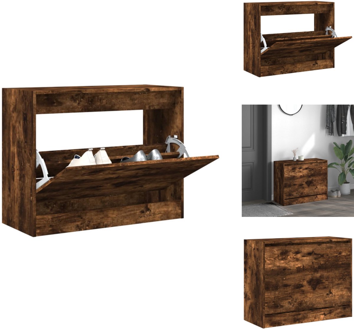 vidaXL Schoenenrek - Schoenenrekken - Opbergrek Voor Schoenen - Schoenenstellage - Schoenenkast 80x34x63 cm bewerkt hout gerookt eikenkleurig (8099232108143)