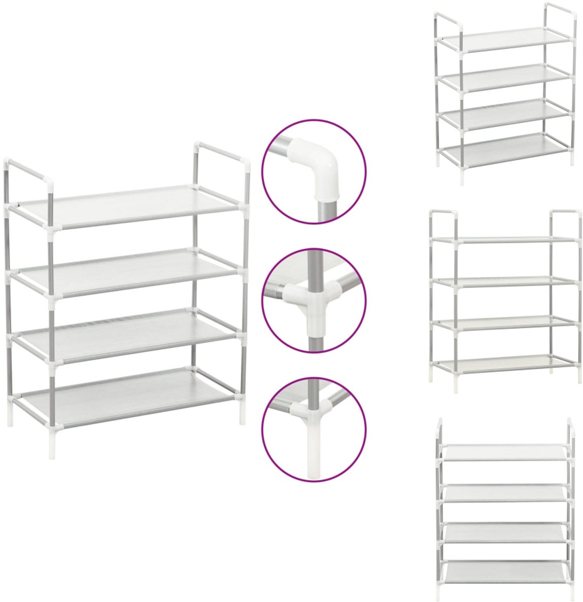 vidaXL Schoenenrek - Schoenenrekken - Schoenenordener - Schoenenordeners - Schoenenrek met 4 schappen metaal en nonwoven stof zilverkleur (8721096804489)