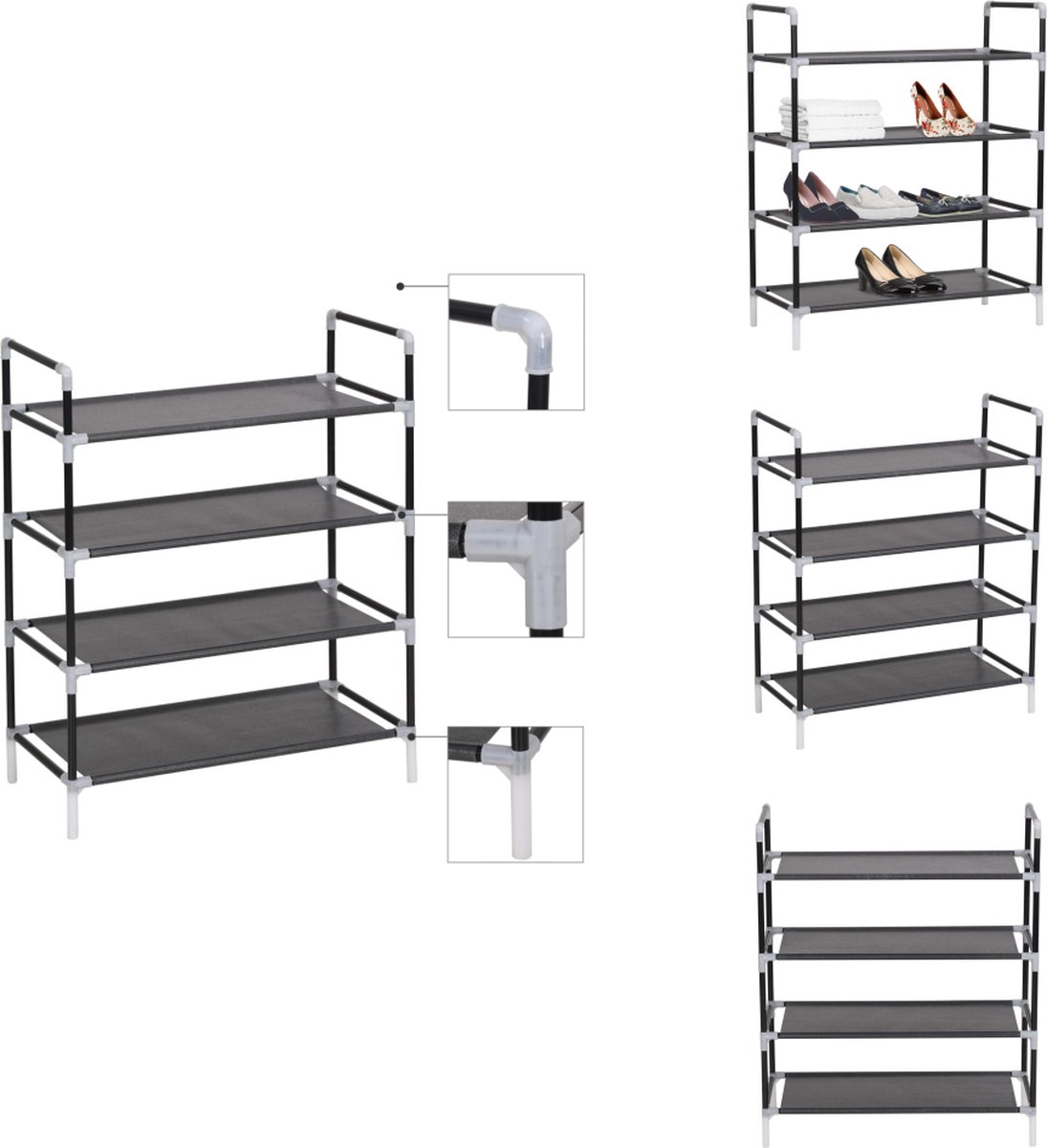 vidaXL Schoenrek - Schoenrekken - Schoenorganiser - Schoenorganisers - Schoenenrek met 4 schappen metaal en ongeweven stof zwart (8721032943173)