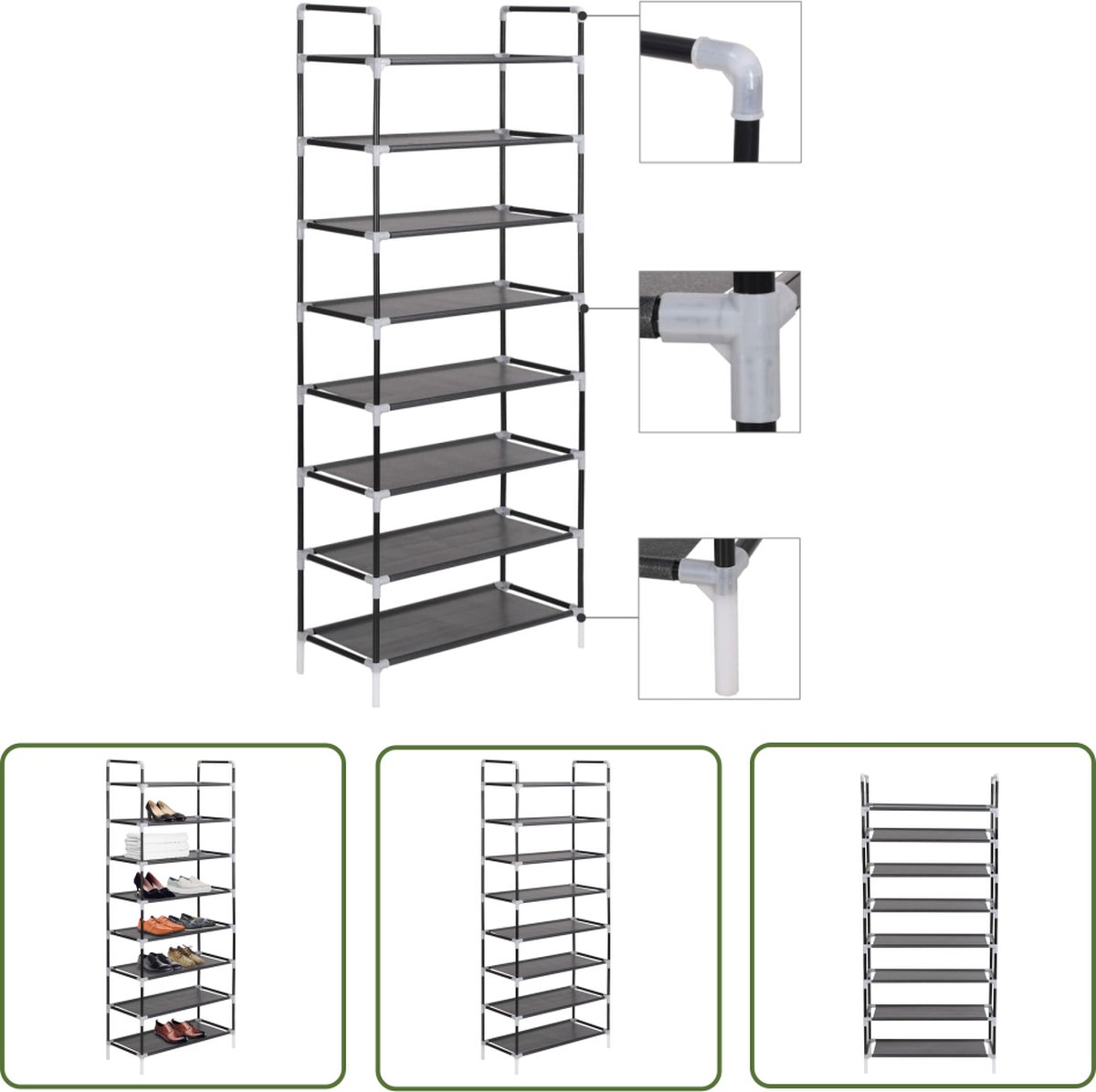 vidaXL Schoenuitleg - Schoenenrek - Schoenenrek met 8 schappen metaal en ongeweven stof zwart - Schoenenkasten - Bergruimte - Opslagruimte (8721031230472)
