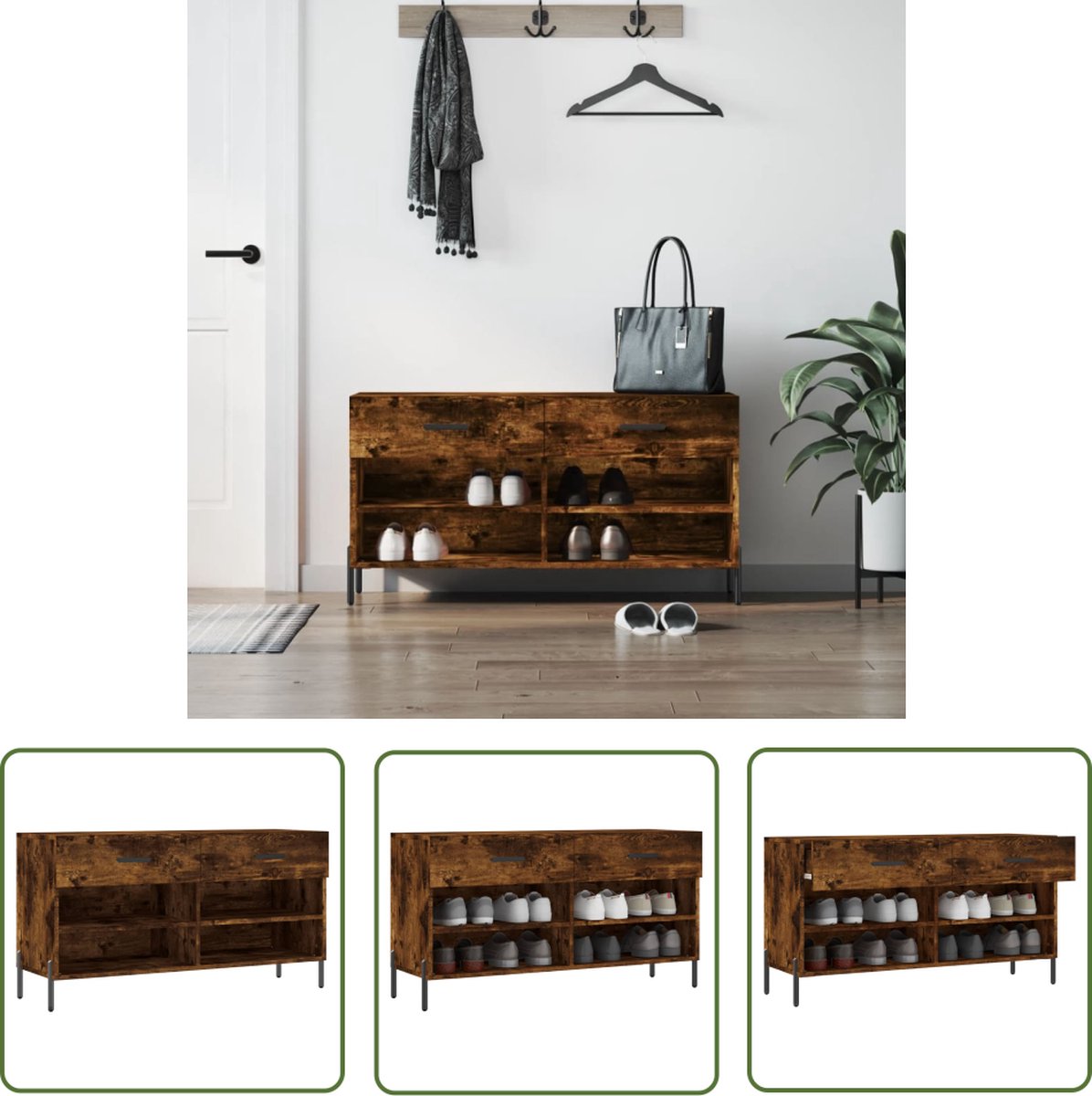 vidaXL Schoenuitlegger - Schoenenbank - Schoenenbank 102x35x55 cm bewerkt hout gerookt eikenkleurig - Bergruimte - Houten Schoenenkast - Industrieel Design (8721032282326)