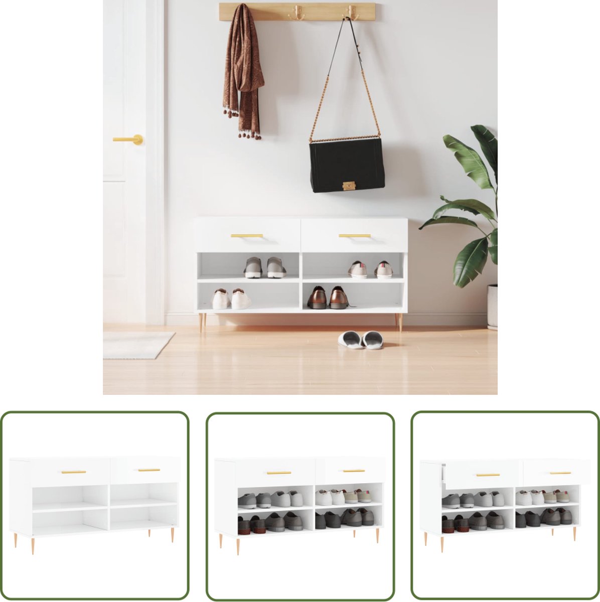 vidaXL Schoenuitlegger - Schoenenbank - Schoenenbank 102x35x55 cm bewerkt hout hoogglans wit - Bergruimte - Opbergplanken - Houten Bank (8721032277629)