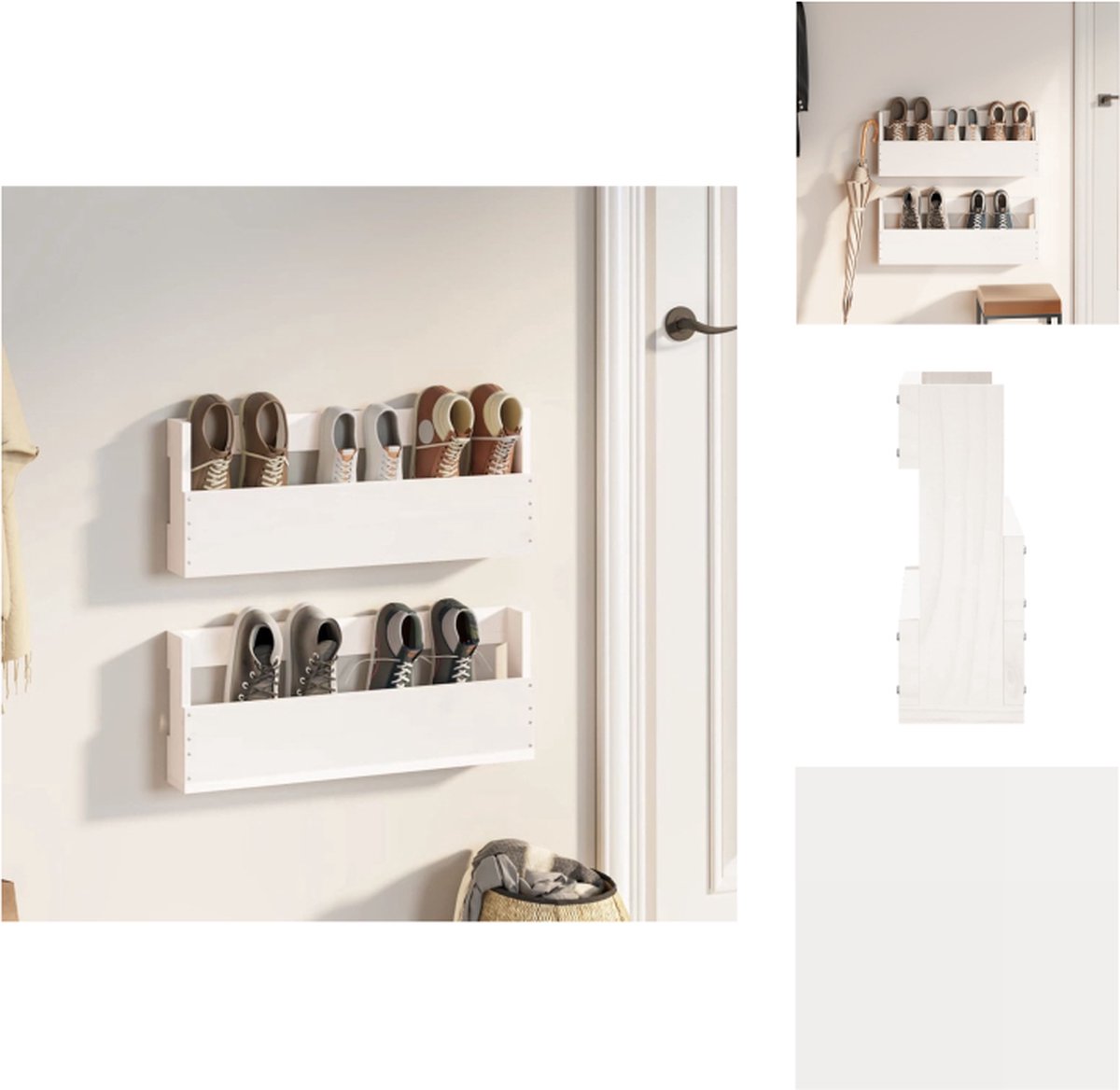 vidaXL Wand Gemonteerd Schoenenrek - Wand Gemonteerde Schoenenrekken - Schoenenopslag - Schoenen Ordener - Schoenenrekken 2 st 59x9x23 cm massief grenenhout wit (8721032944200)