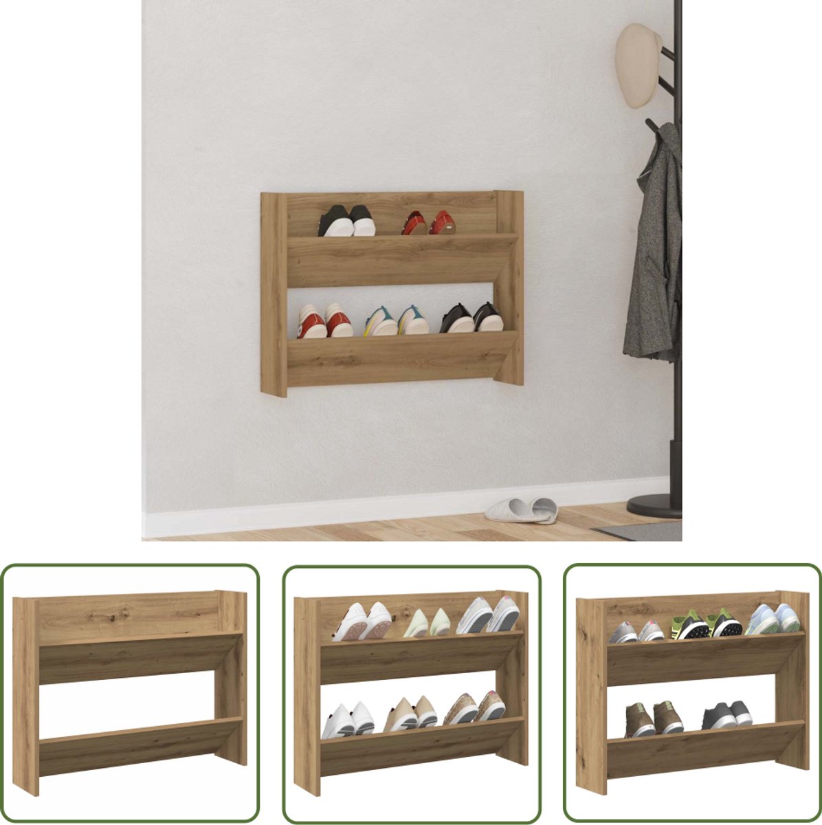 vidaXL Wandschoenendoos - Schoenenkast - Wandschoenenkast 80x18x60 cm bewerkt hout artisanaal eikenkleur - Schoenenopbergers - Houten Schoenenkast - Eiken Schoenenkast (8026870800894)
