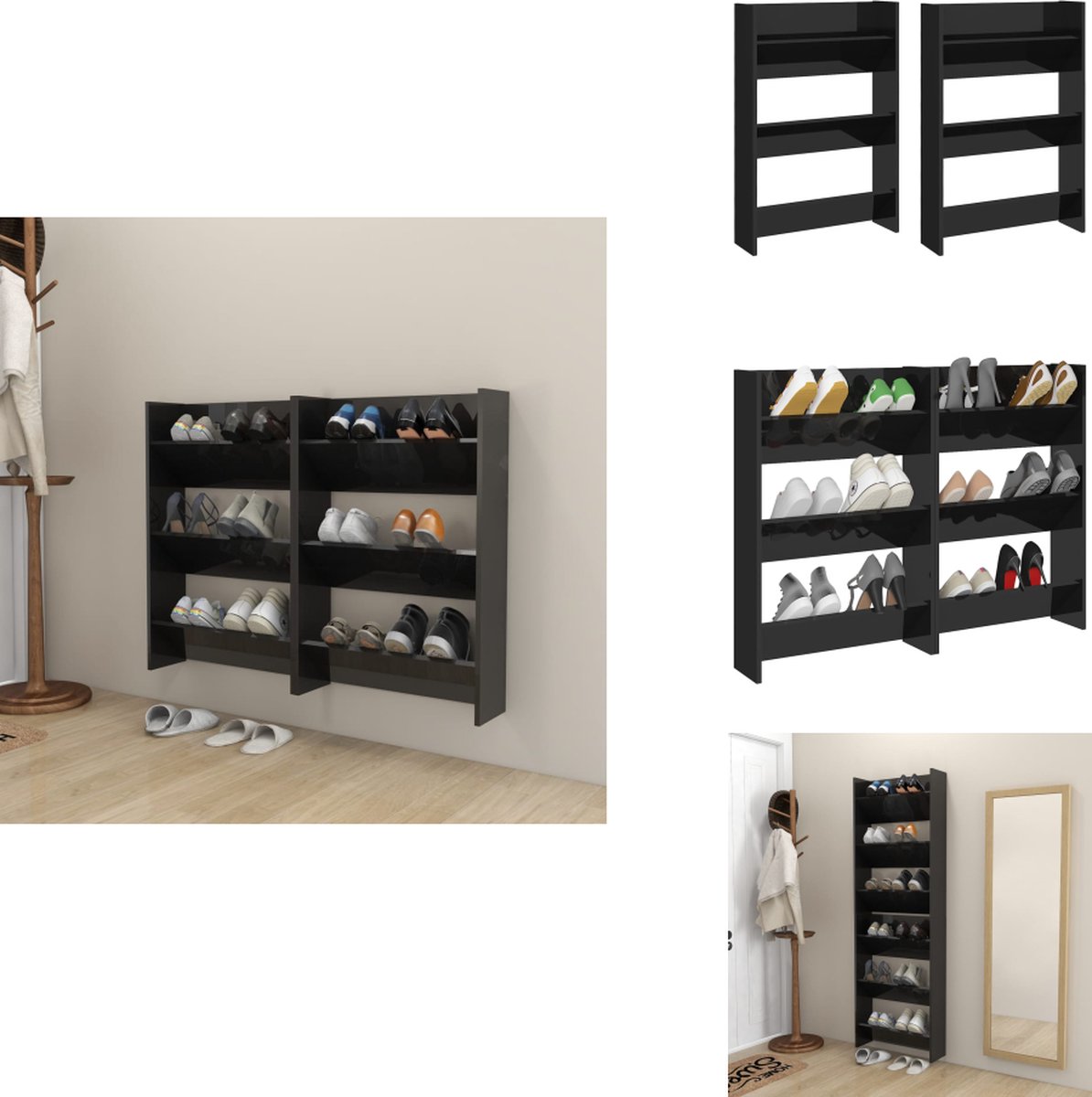 vidaXL Wandschoenenkast - Wandschoenenkasten - Wandkast Voor Schoenen - Wandkasten Voor Schoenen - Wandschoenenkasten 2 st 60x18x90 cm hout hoogglans zwart (8721032942848)