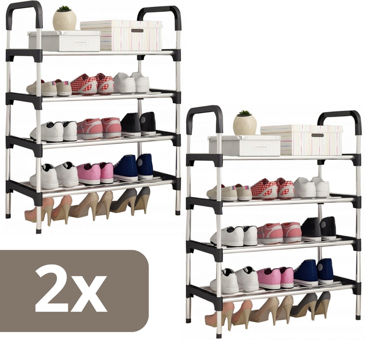 2x Schoenenrek - Praktische Schoenenkast - XXL - 2 REKKEN - Zwart Metaal - Schoenen Rek Kast Opbergkast - Shoe Rack - Voor 16 Schoenen - Schoenenrek - 16 Paar x2 (6090918164189)