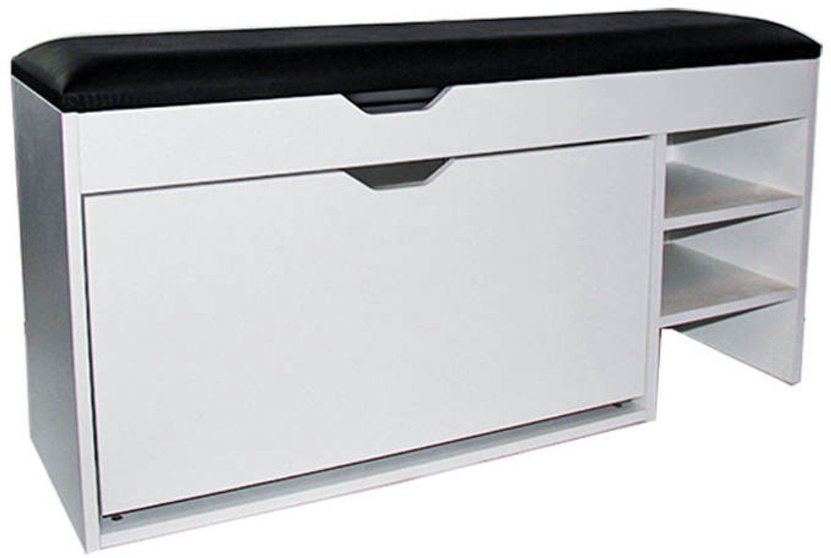 Aventra Schoenenbank - Schoenenbank met Zitkussen - Wit - Hout & Kunstleer - 104 x 30 x 48 cm (8720892449603)