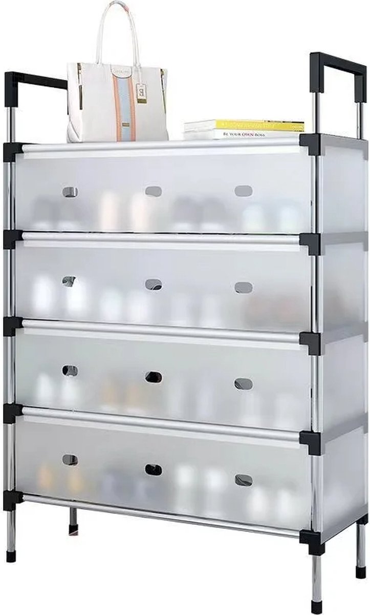 Betaalbare Goederen® Schoenenrek - Silver- 4 Trays - Schoenenkast - Opbergplanken - Schoenenrek Metaal - Schoenenrek Met Kapstok (8721264261922)