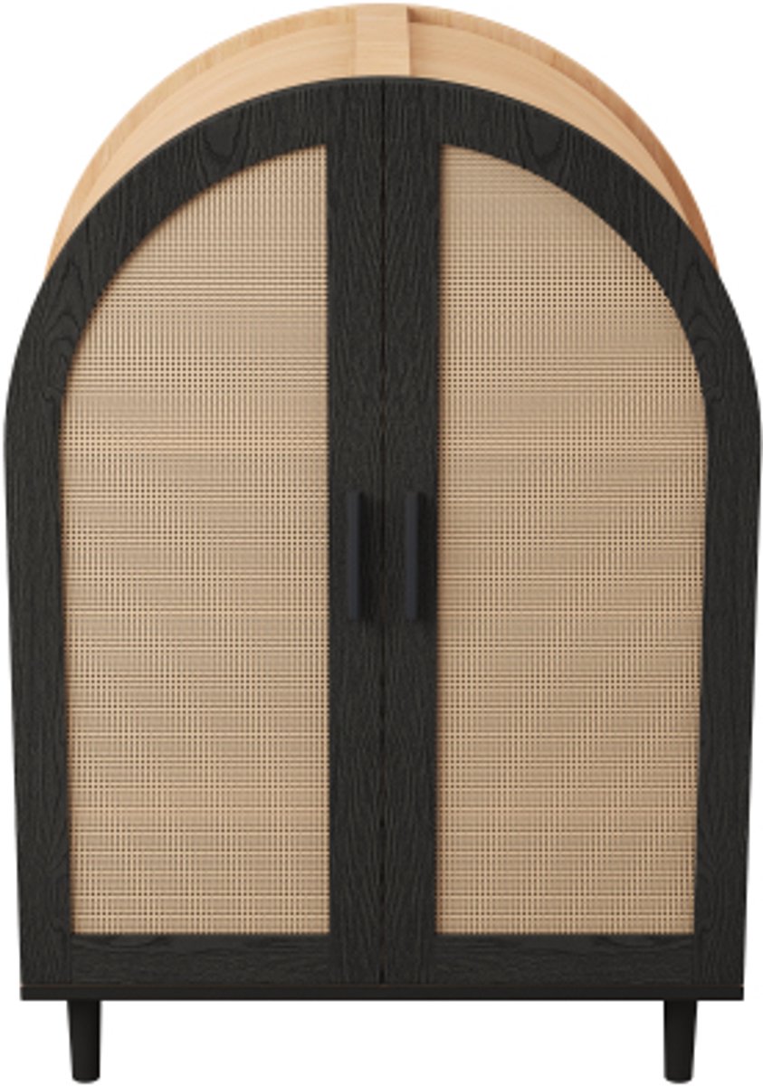 Elegant dressoir/schoenenkast met ronde buitenkant, opengewerkte rotandeuren en drie planken. (0797465309730)