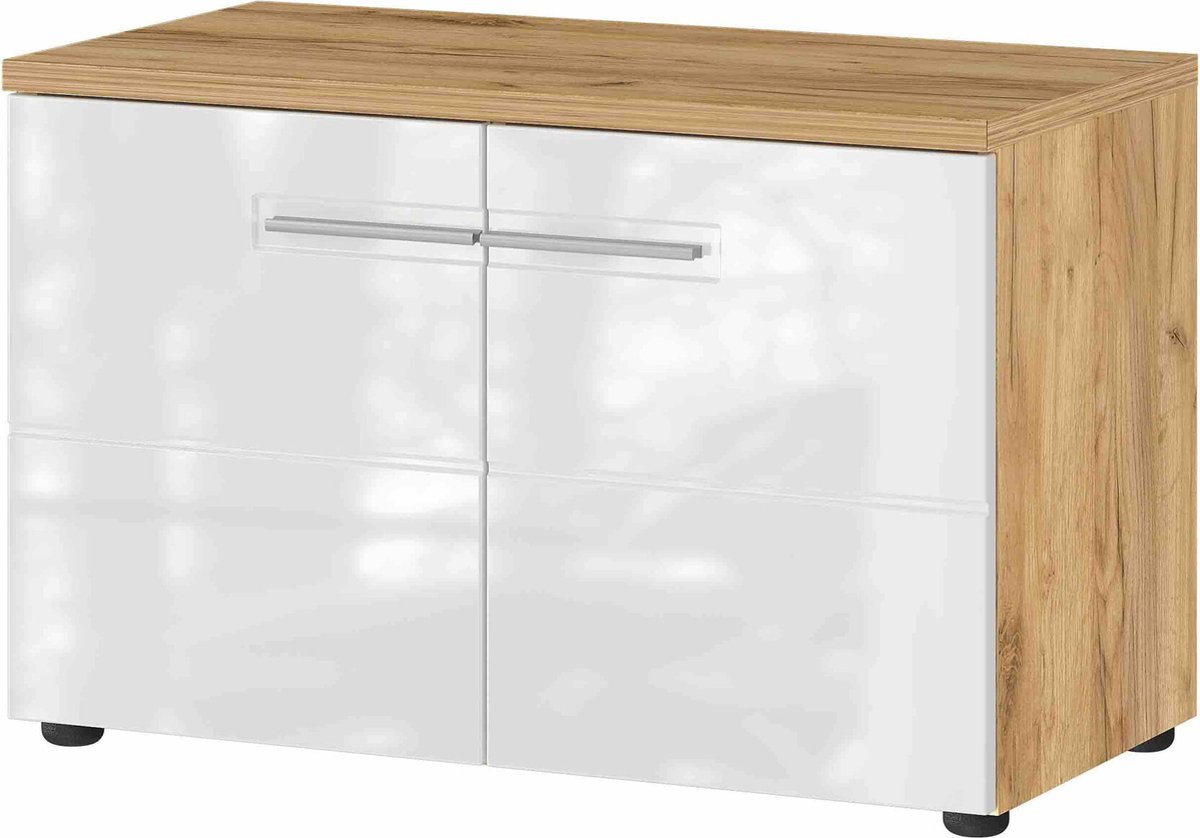Halbank Elvas Eiken - Wit - MDF - Breedte 75 cm - Hoogte 50 cm - Diepte 41 cm - Met planken - Met openslaande deuren (6097144746707)