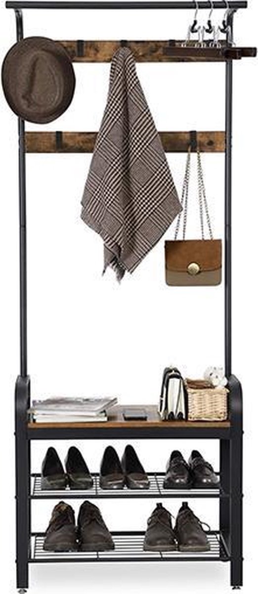 Industriële Kapstok - Schoenenrek - Zwart Metaal - Vintage Bruin (8719992188642)