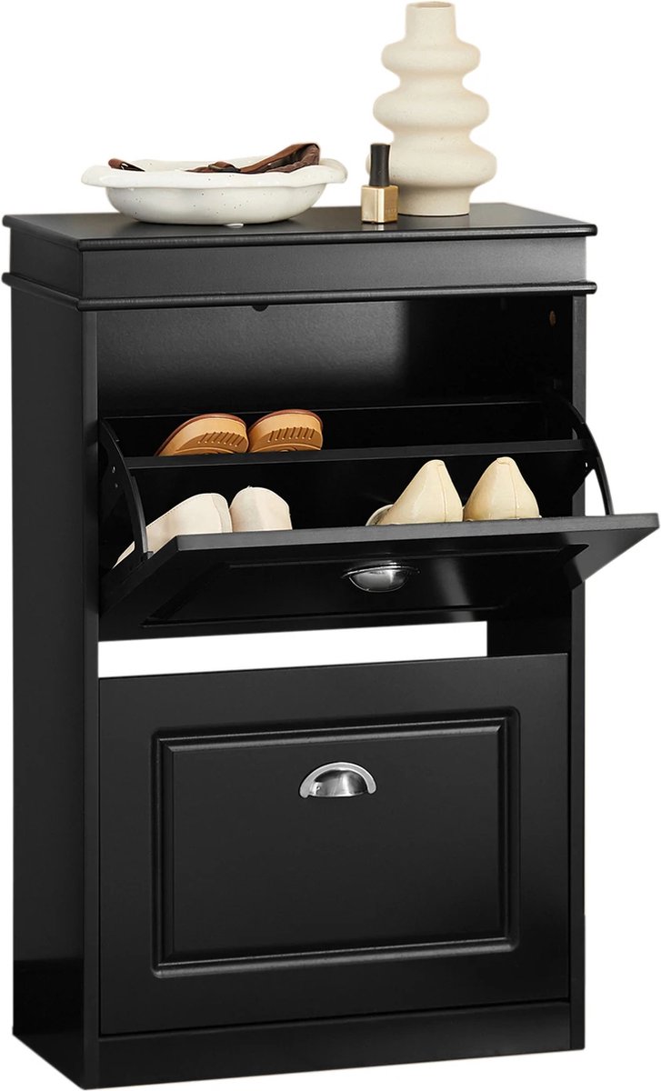 Mara Schoenenkast - 2 Kleppen - Schoenenrek - 4 Planken - Praktisch - Zwart - MDF - 24 x 53 x 82 cm (6091647311370)